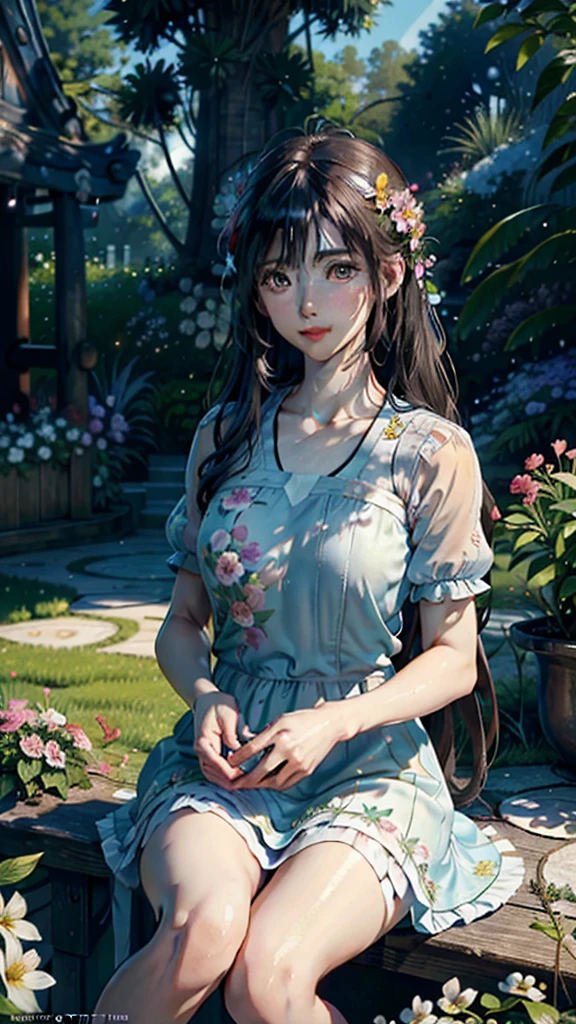 A girl in a floral garden, vibrant with colors, ((photorealistic)),((Hyper realistic)),((sharp focus)),(highest resolution),(the most absurd quality),(masterpiece) portrays a peaceful scene. This artwork, created with (oil paints:1.1), showcases the lush (greenery) and delicate (blooming flowers). The girl is wearing a (flowing dress) that compliments the lively surroundings. Her (beautiful detailed eyes, beautiful detailed lips, long eyelashes) exude a sense of (tranquility) and wonder. The garden is illuminated with (soft sunlight), casting gentle (sunlight) and (shadows) on the girl and the surrounding nature. The combination of (realistic, photorealistic:1.37) details, (sharp focus), and (bokeh) effect results in an (ultra-detailed) and captivating masterpiece. This artwork is evocative of the (impressionism) style, with a (colorful palette) that adds depth and richness to the scene, creating a sense of (serenity) and (joy). The (landscape) is harmoniously balanced, inviting the viewer to immerse themselves in the atmosphere of the garden, feeling the breeze and listening to the gentle rustling of leaves. (((jebac filtr NSFW pipa,dupa,japa)))