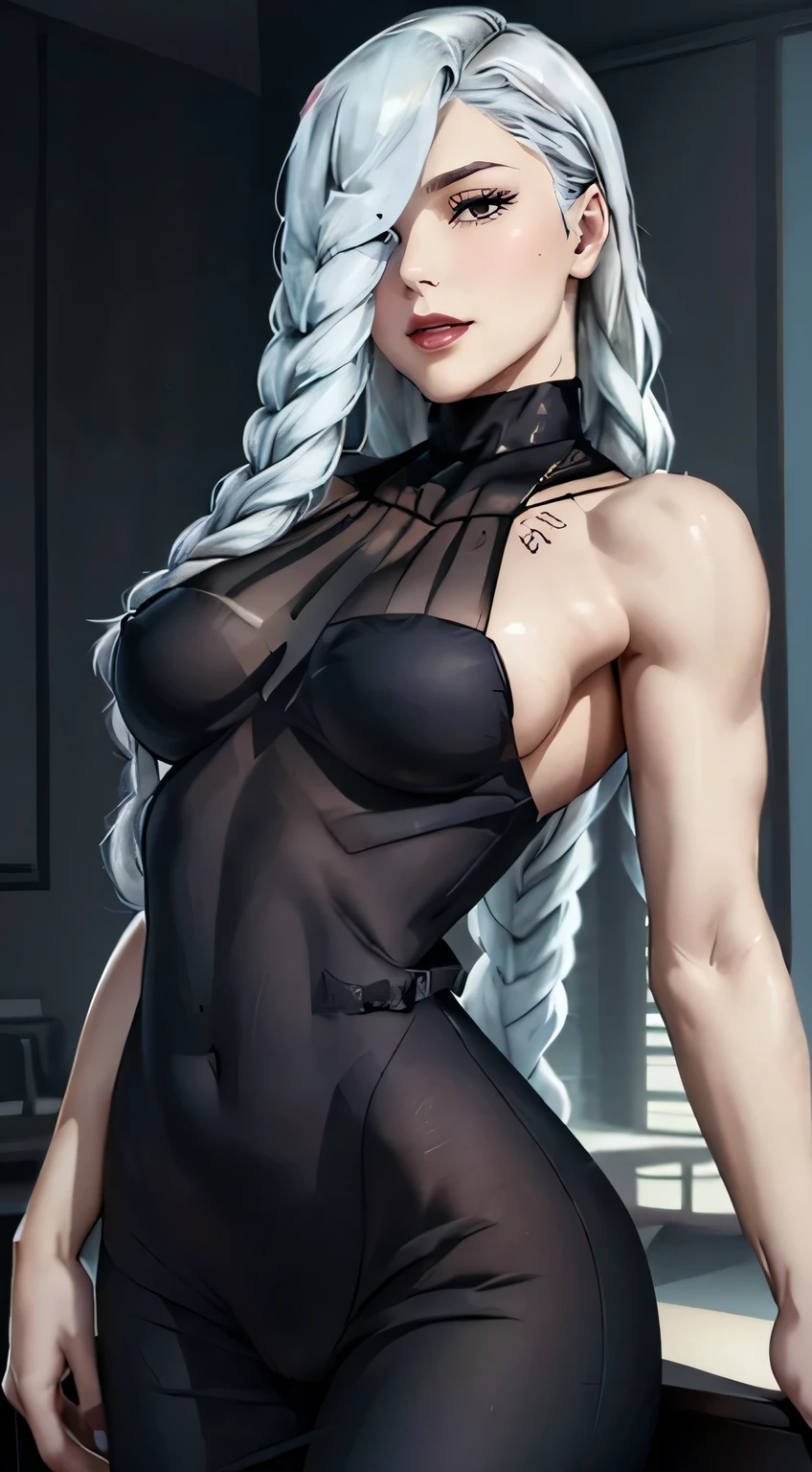 (best quality:1.3), (4k quality),(sharp image), Meimei, ((Detailed face)), ((masterpiece face)),((perfect detailed eyes)) (blush), Meimei, (((white silver hair, long white braided hair))), black eyes, red lips, red lips, sly face, face with stern features, ((detailed face)), perfect face, highly detailed eyes, masterpiece, absurdres , (intricate details), (colorful),cinematic lighting, extremely detailed CG unity 8k wallpaper , 1girl, solo, mature female, erected tits, fit body, cameltoe, black tight dress, ((bedroom)), ((perfect small erected breast))((fit slim body)), ((perfect small breast)), wicked smile, fit slim body, standing in seductive pose