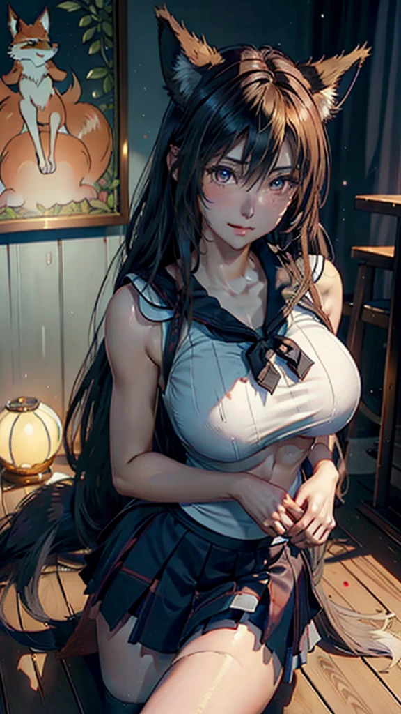 Ray tracing,{Best quality}, {{Masterpiece}}, {A high resolution}, Original, Extremely detailed 8k wallpaper, {An extremely delicate and beautiful}, realistic hand, one girl, good body proportions, cowboy shot, blush, Extremely detailed face, Extremely detailed body, Extremely detailed hands, Extremely detailed eyes, beatiful eyes, glowing eyes,Extremely detailed background, high quality background,Ahri League of Legends,(((kitsune girl,fox girl,fox tails,nine tails,multiple_tails,multiple tails))),(large breasts:1.9),(IncrsAhriAcademy),(((school sailor uniform))),(white shirt,dark blue skirt),25-year-old,seductive pose,(((smirk))),looking at viewer,(classroom in the background),sunset,golden hour