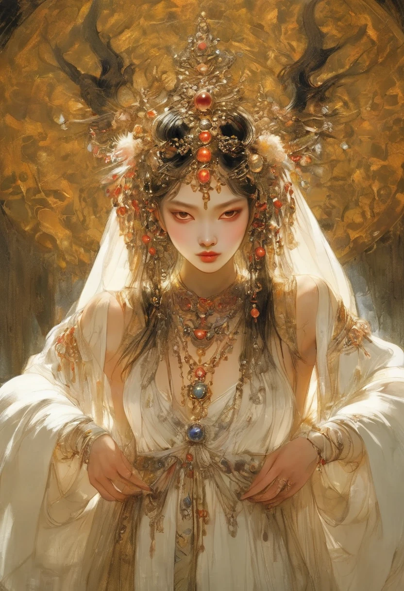 (masterpiece, best quality:1.2), elegant girl, striking pose, exquisite detailed features, piercing eyes, sharp nose, sensual lips, ornate clothing, symmetrical composition, cinematic lighting, dramatic chiaroscuro, rich color palette, high contrast, digital art, photorealistic,xianxia,anatomical correct:2,black,white