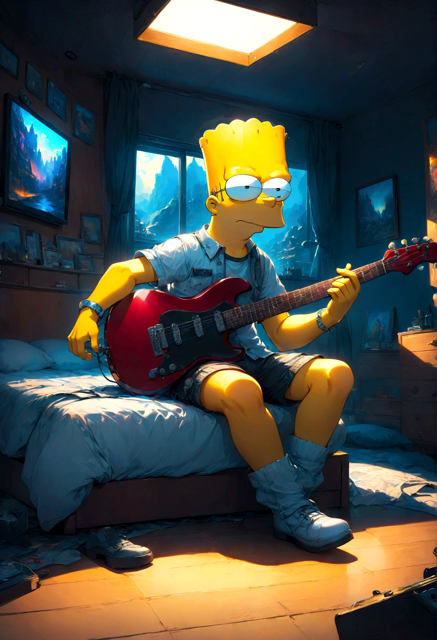 Guitarist, Bart Simpson, sit on bed, best quality, masterpiece, very aesthetic, perfect composition, intricate details, ultra-detailed