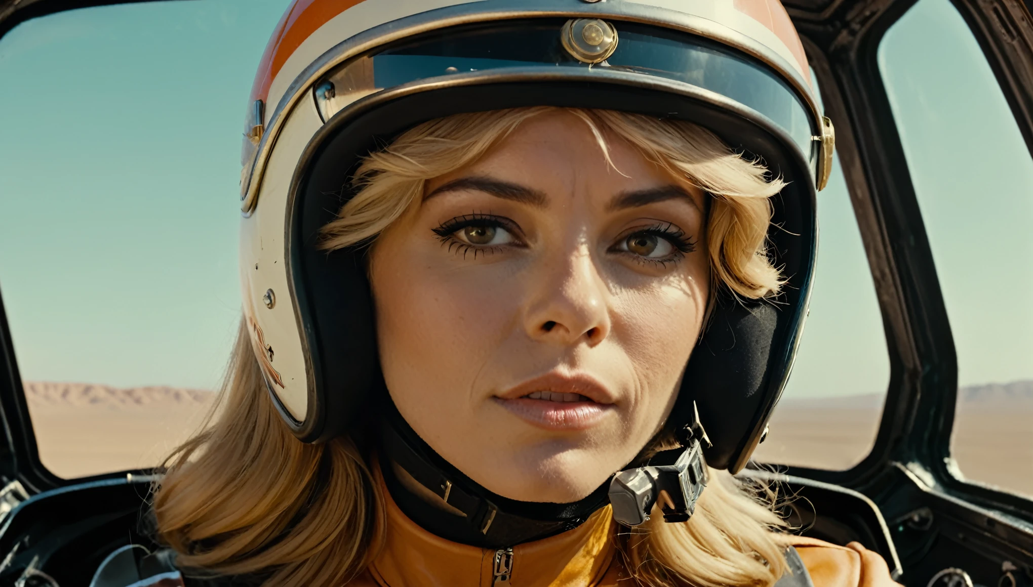 a close up of a woman in a helmet and a helmet on, 2 0 2 1 cinematic 4 k framegrab, barbarella, by Anna Katharina Block, fighter pilot in the cockpit, moody : : wes anderson, retro photography, furious gorgeous woman, sixties, faster, awarded on cgsociety, pompadour, nascar, 2015 cinematography  