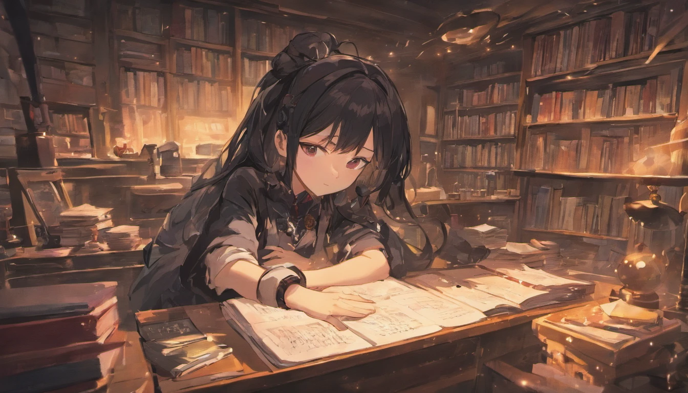 A room with a messy desk and books. Lying in bed、Anime illustration of a black-haired girl wearing headphones while listening to music、Dark Eyes、Japanese