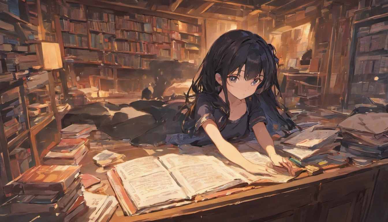 A room with a messy desk and books. Lying in bed、Anime illustration of a black-haired girl wearing headphones while listening to music、Dark Eyes、Japanese