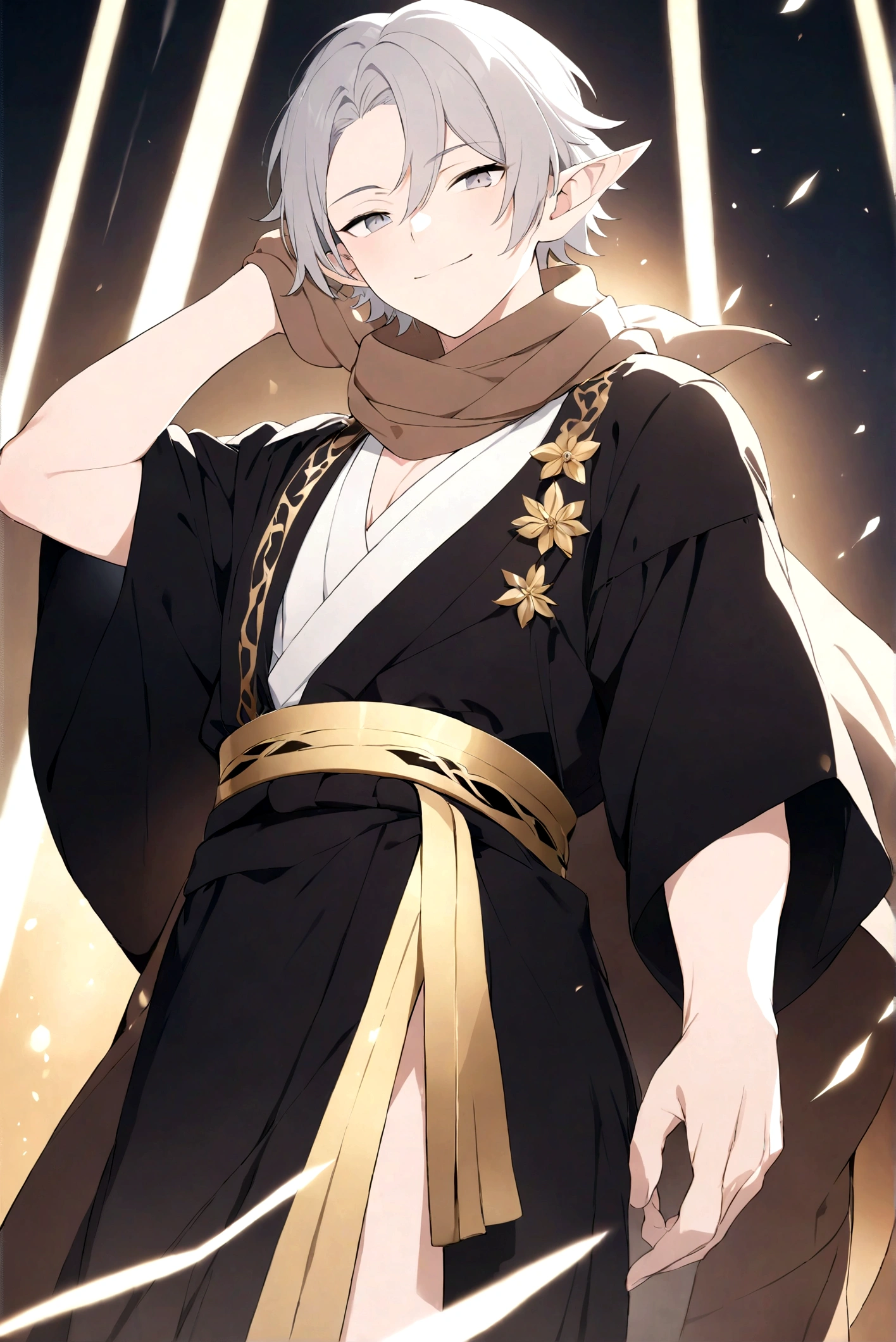 (Artwork, very high quality photo, CGI effect, lighting effect, shading effect), a male elf, bright gray eyes, short platinum hair, (wearing a black kimono with gold details), a brown scarf wrapped around his neck , white yukata over the kimono, (A confident smile on his face, a look of victory)