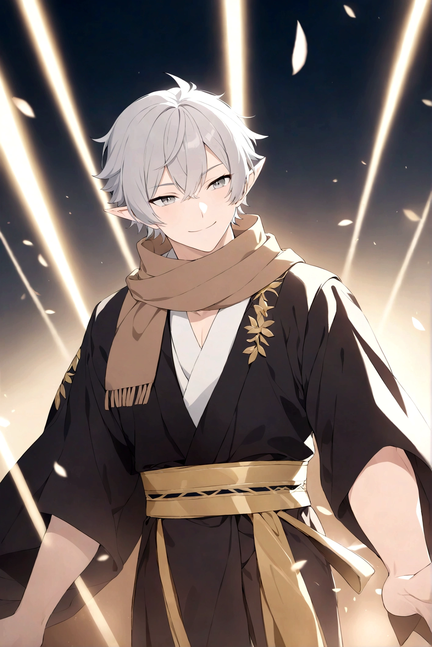 (Artwork, very high quality photo, CGI effect, lighting effect, shading effect), a male elf, bright gray eyes, short platinum hair, (wearing a black kimono with gold details), a brown scarf wrapped around his neck , white yukata over the kimono, (A confident smile on his face, a look of victory)