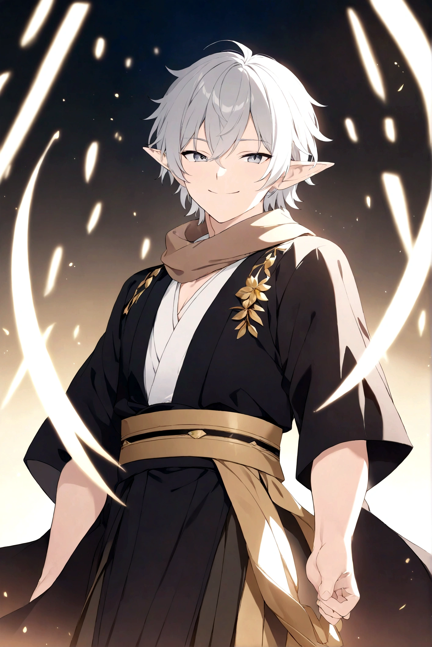 (Artwork, very high quality photo, CGI effect, lighting effect, shading effect), a male elf, bright gray eyes, short platinum hair, (wearing a black kimono with gold details), a brown scarf wrapped around his neck , white yukata over the kimono, (A confident smile on his face, a look of victory)