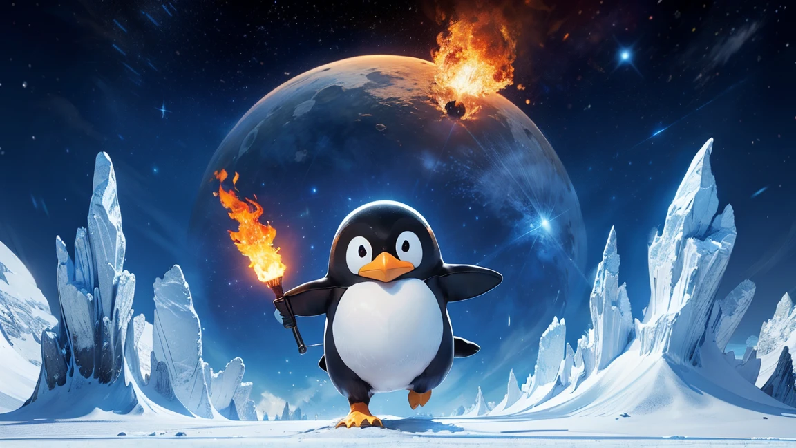 A penguin carrying a torch, with the penguin spewing fire towards the moon which is in the shape of the Microsoft Windows 11 logo (the Microsoft Windows 11 logo is on fire). The background is the beautiful Arctic.