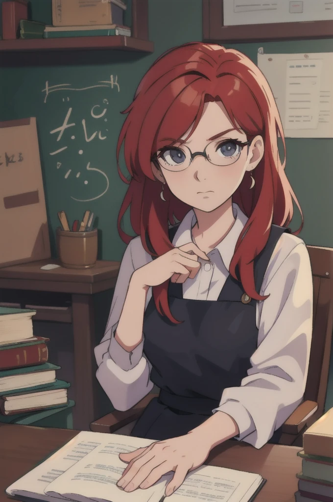 beautiful redhead professor sitting in her table, petulant looking, looking at the viewer, contemporary time, anime style, 8k