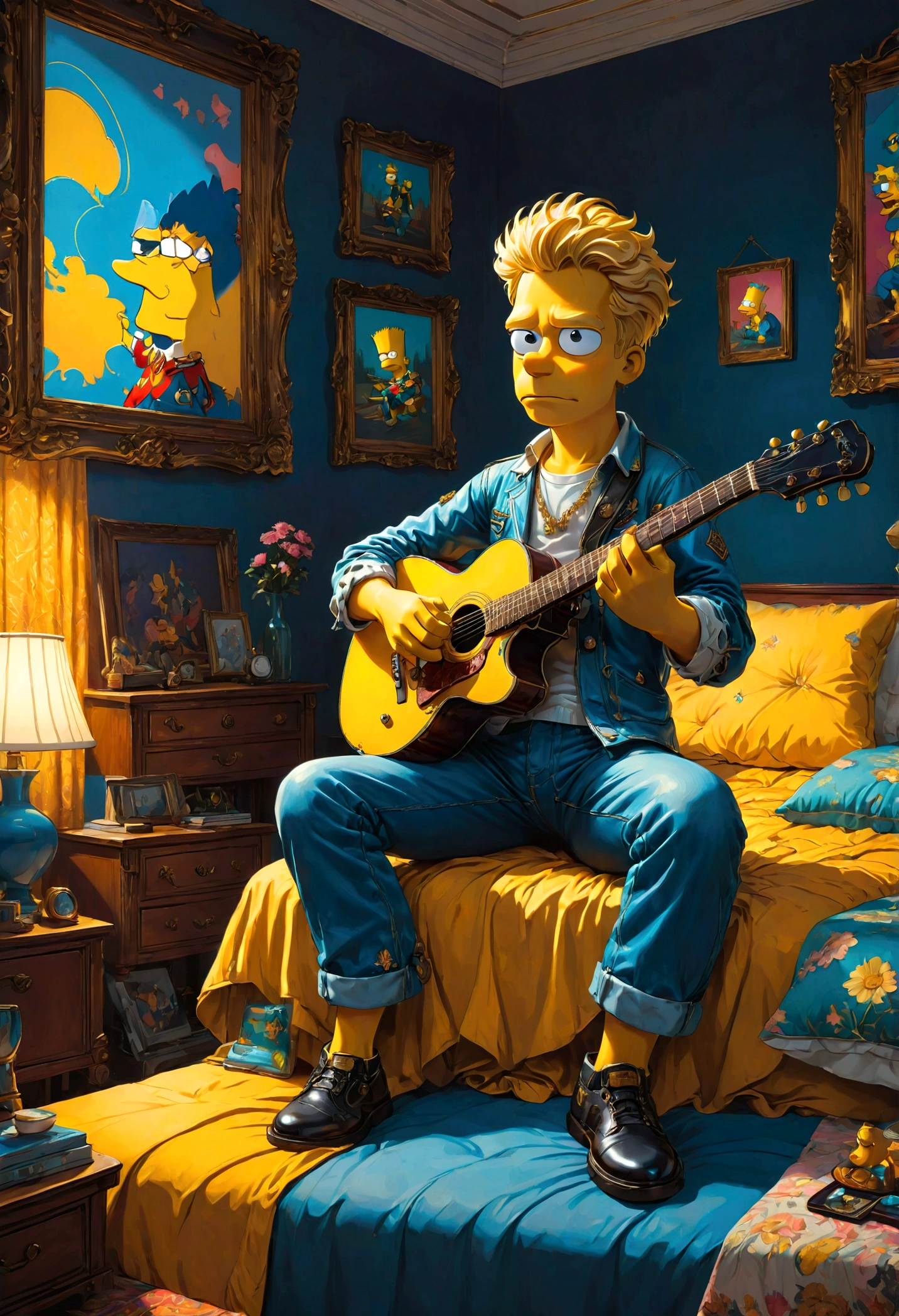 Guitarist, Bart Simpson, sit on bed, best quality, masterpiece, very aesthetic, perfect composition, intricate details, ultra-detailed