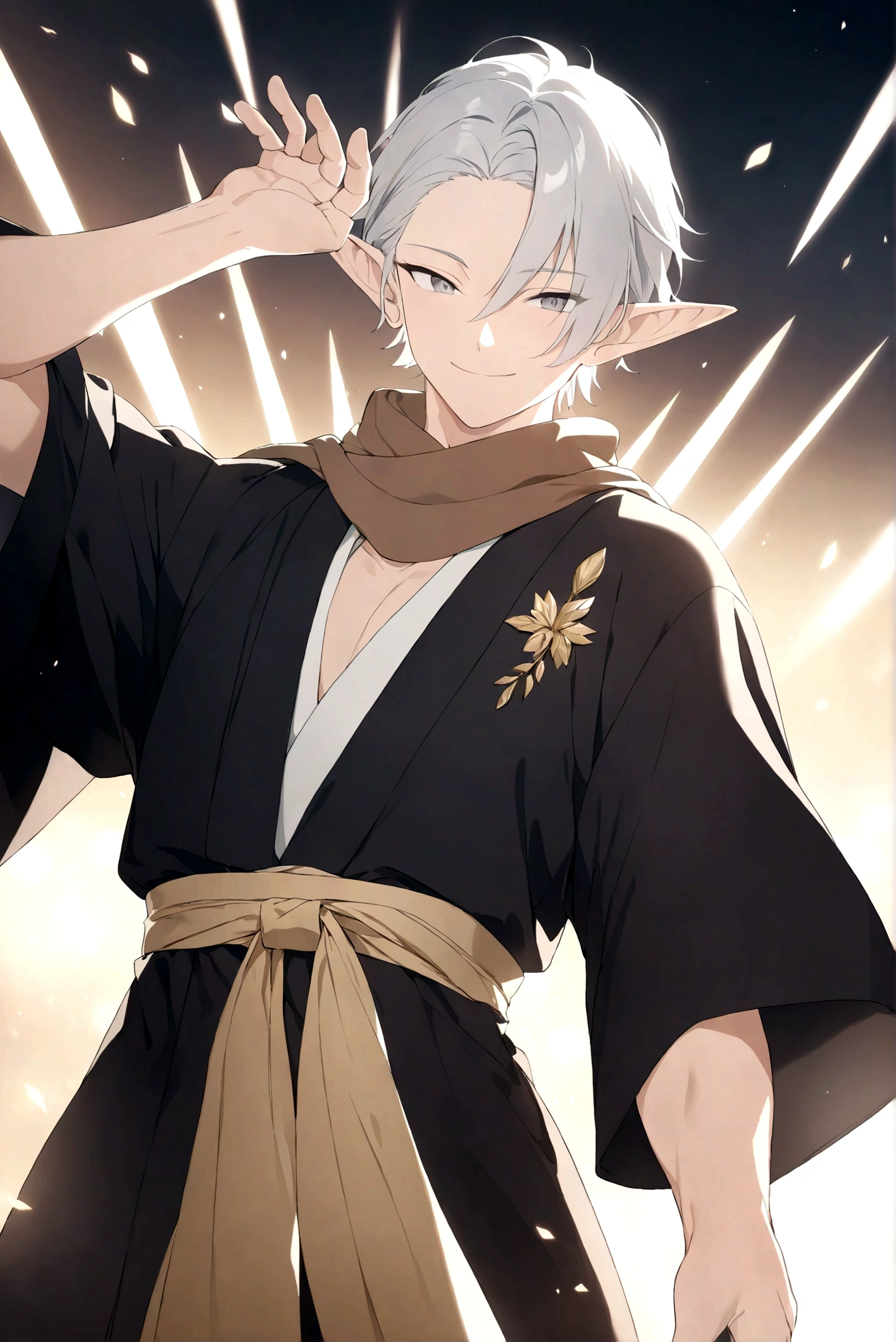 (Artwork, very high quality photo, CGI effect, lighting effect, shading effect), a male elf, bright gray eyes, short platinum hair, (wearing a black kimono with gold details), a brown scarf wrapped around his neck , white yukata over the kimono, (A confident smile on his face, a look of victory)