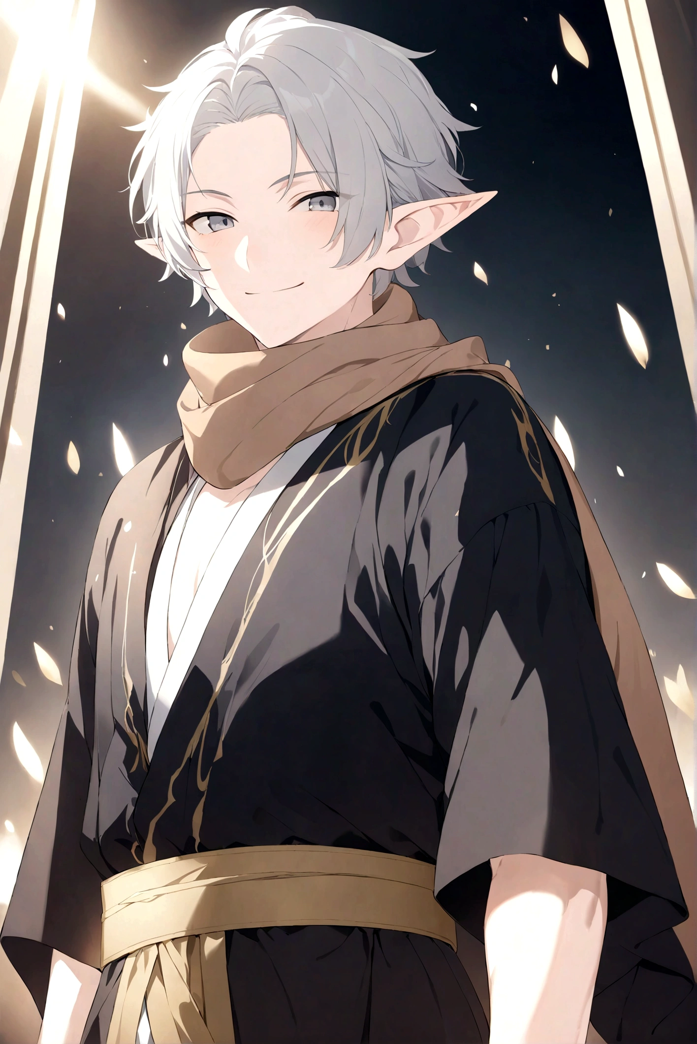 (Artwork, very high quality photo, CGI effect, lighting effect, shading effect), a male elf, bright gray eyes, short platinum hair, (wearing a black kimono with gold details), a brown scarf wrapped around his neck , white yukata over the kimono, (A confident smile on his face, a look of victory)