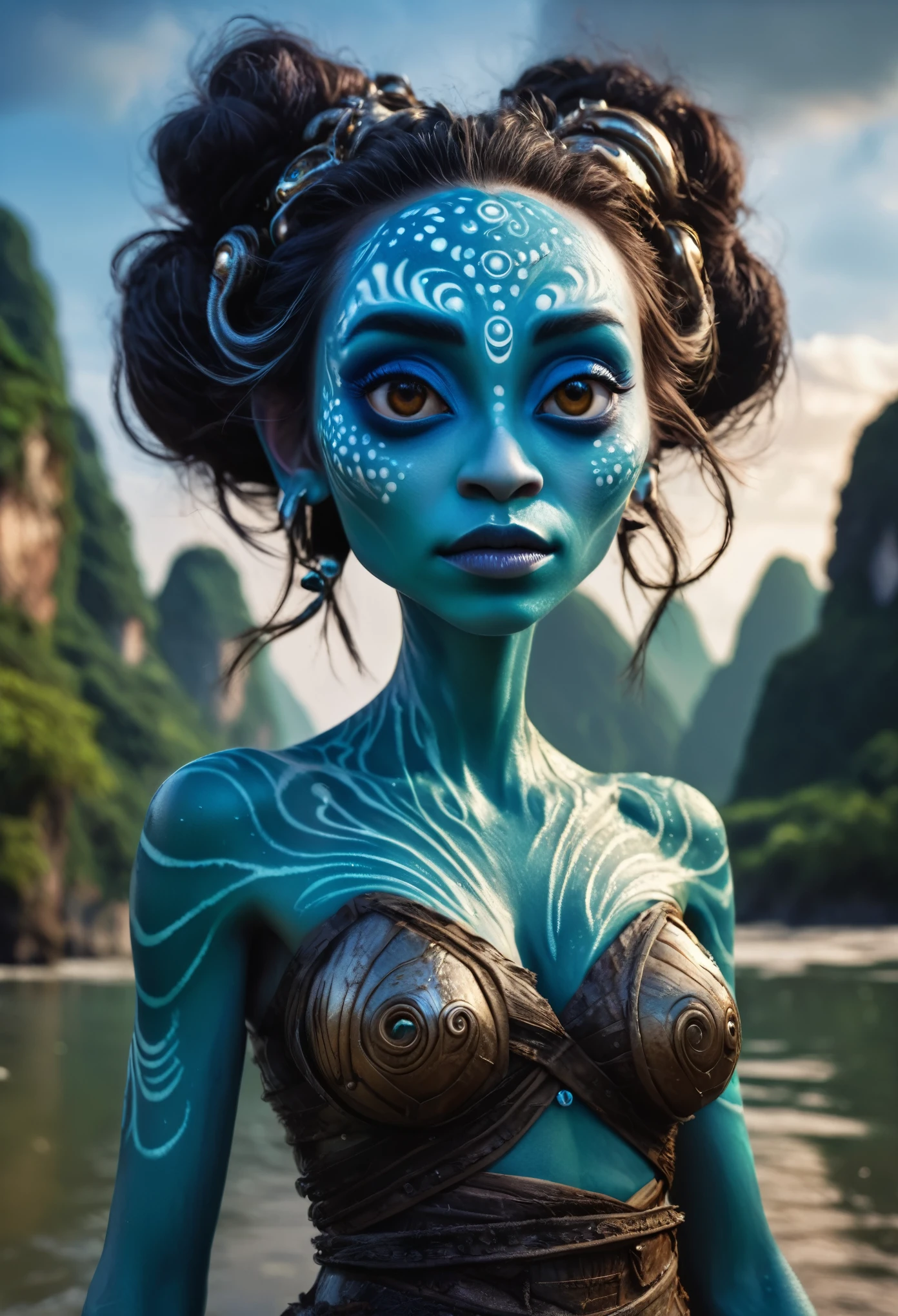 view from height,full-body-shot,niobium The Alien Entity Moana, sassiness temper,natural skin textures, hyper realisitc, hyper detailed,Extremely detailed,High contrast, ,Realistic,Ultra Detailed,intricate details,realistic humid skin,extremely intricate,Epic Realistic, Romantic, cinematic style,irina yermolova, messy hair,luminous eyes,extremely detailed, [night landscape],masterpiece,intricate details,faded,eyes extremely detailed, high detailed eyes,32k resolution, Nikon Z9,orc's village of fishers on Li River in  National Forest Park,full body length,mother-of-bismuth TAUN WE from star wars,ominous landscape,flying islands on background in dangerous atmosphere,intricate details,realistic humid skin,extremely intricate details,anatomically correct,faded,eyes extremely detailed, high detailed eyes,UHD,Retina,HDR,natural skin textures, hyper realism, hyper detailed,High contrast,Realism,Ultra Detailed,irina yermolova,close full body shot, masterpiece,faded,32k resolution, Nikon Z9,sunset, a Tim Burton-inspired dreamscape,Bun Hair,(Folk clothes:1.5)