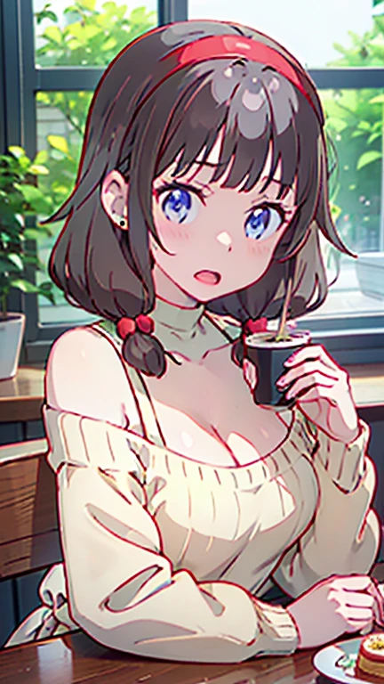 masterpiece, yor, 1girl, Amazing Cleavage:1.3, thin waist, big ass, Raised sexy, medium breast: 1.8 posed cleavage:1.2、solo, looking at viewer, open mouth, have a cup of coffee,black hair, red eyes, dress, bare shoulders, jewelry, collarbone, sidelocks, hairband, earrings, indoors, off shoulder, :o, sweater, arms behind back, plant, short hair with long locks, white hairband, off-shoulder dress, sweater dress, off-shoulder sweater, red sweater, big side hair, very long side hair,is rendered in (masterpiece: 1.2, best quality), with (ultra high resolution) and an exquisite (depth of field). This masterpiece is not only visually stunning but also tells, make of cake cooking ,in the kitchen