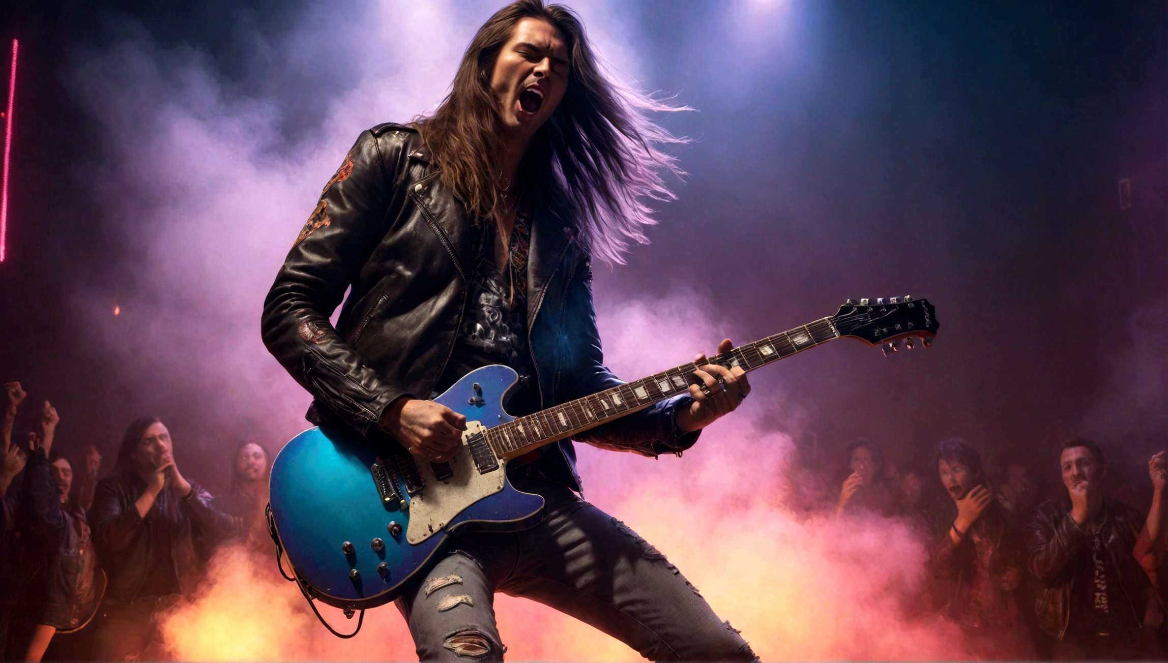 A rockstar guitarist performing on stage, electric guitar, long hair, ripped jeans, leather jacket, dramatic lighting, fog machine, smokey atmosphere, electric guitar shredding, intense facial expression, crowd cheering, neon signs, vibrant colors, pop art style, dynamic composition, hyperrealistic, 8k, high quality, photorealistic