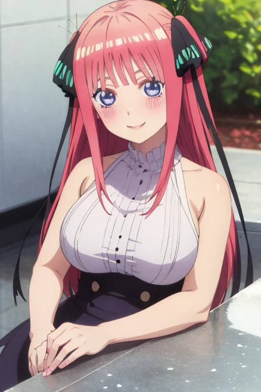 highest quality, A very exquisite masterpiece, Anime art style, Cute Characters, nino nakano, Big Breasts, blush, smile
