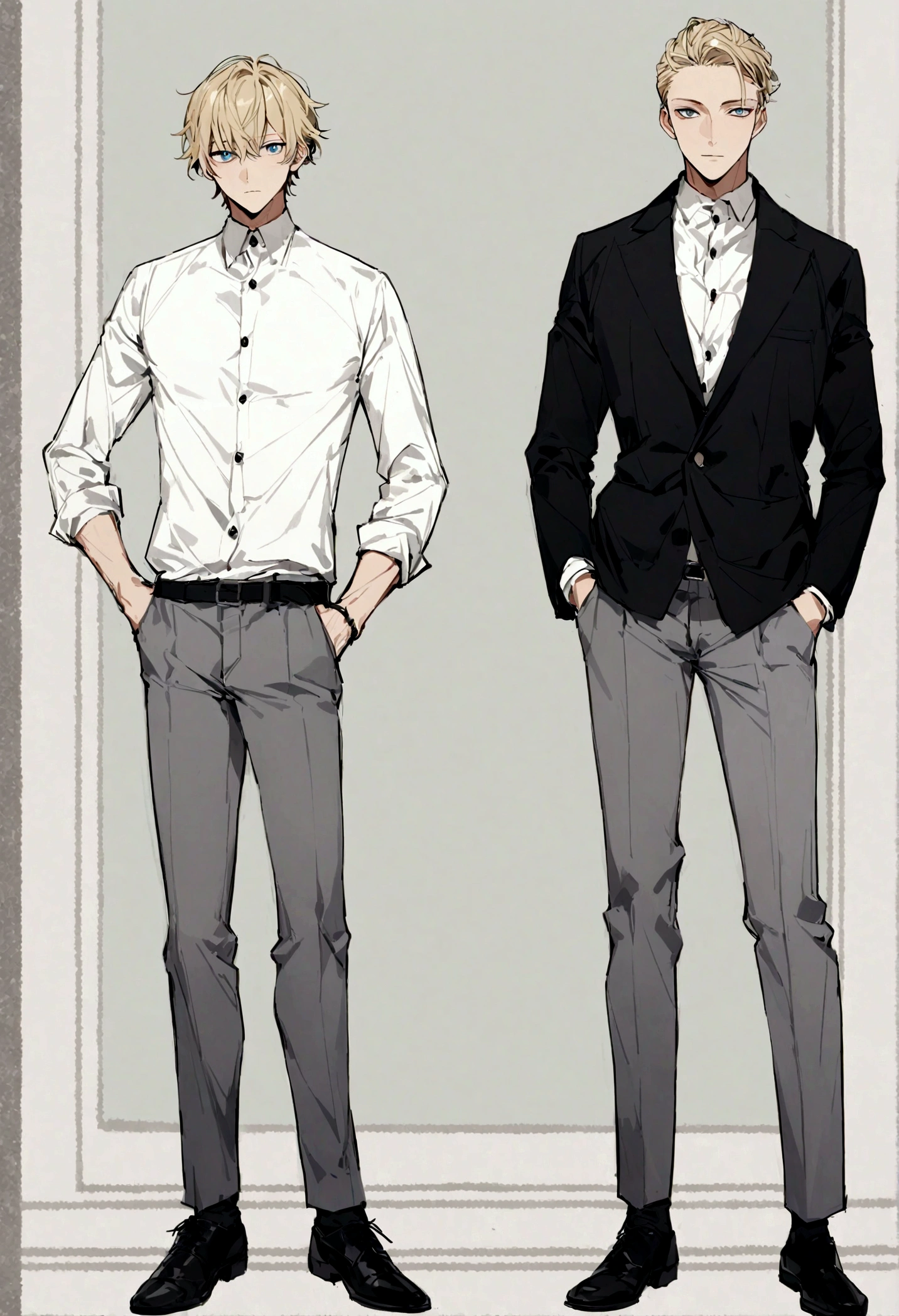 楽しみを求めるwhole body男性, Grey buttoned suit, With grey pants, White shirt, Black belt, whole body, arms aside, Don't put your hands in your pockets, Short blonde hair, And blue eyes, Attractive man, Young handsome, Attractive, Features, Attractive man, attractive young man, nice _ Hairstyle, Blond man, A pale, slim man, Tall young man, Black shoes, 8k