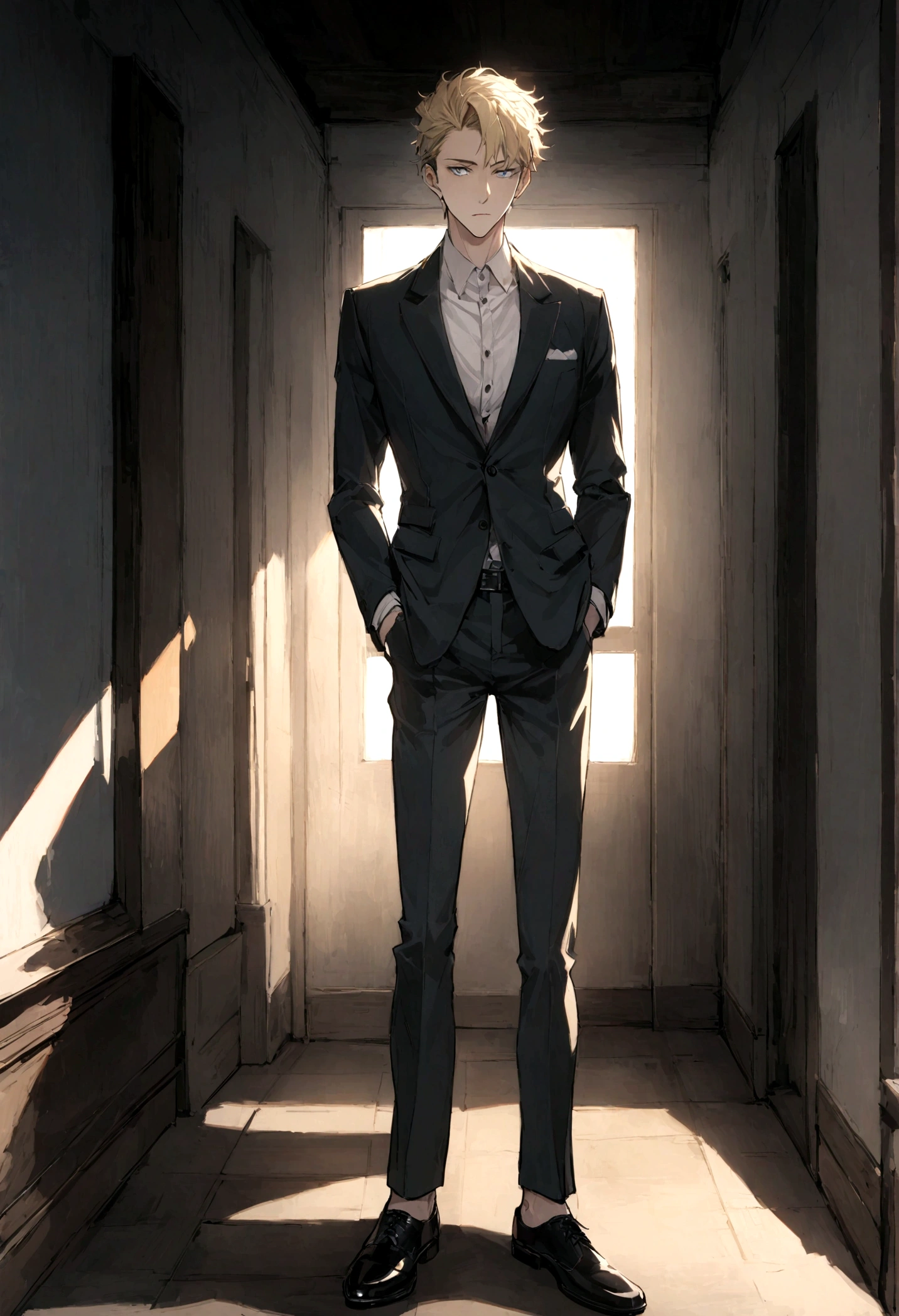 楽しみを求めるwhole body男性, Grey buttoned suit, With grey pants, White shirt, Black belt, whole body, arms aside, Don't put your hands in your pockets, Short blonde hair, And blue eyes, Attractive man, Young handsome, Attractive, Features, Attractive man, attractive young man, nice _ Hairstyle, Blond man, A pale, slim man, Tall young man, Black shoes, 8k