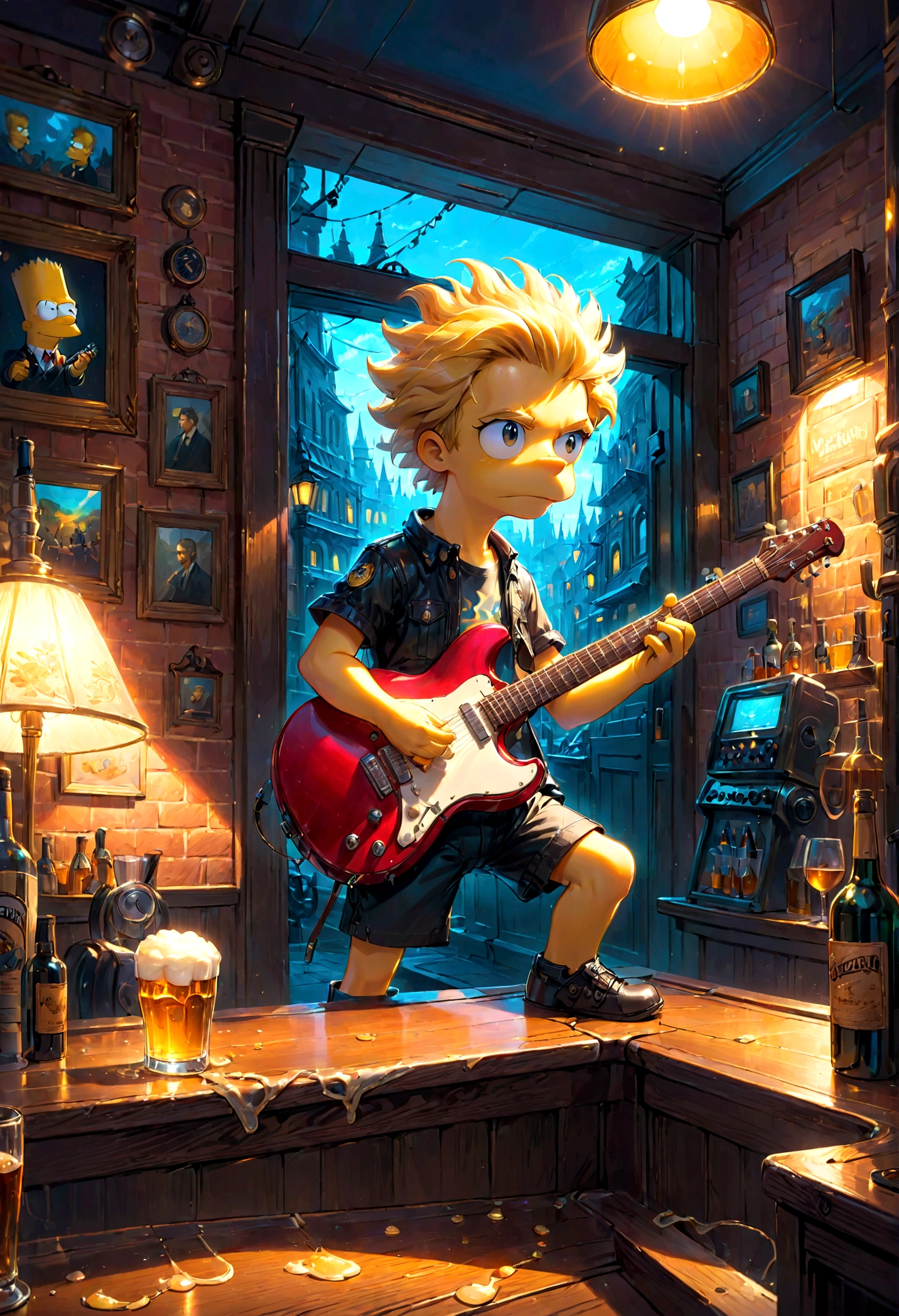 Guitarist, Bart Simpson, bar, pub, best quality, masterpiece, very aesthetic, perfect composition, intricate details, ultra-detailed