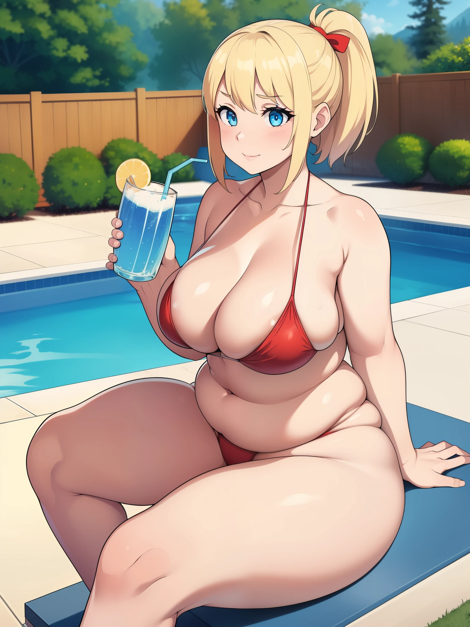 ((Masterpiece)), perfect anatomy, perfect shading, field of depth, (best quality), extremely delicate and beautiful, perfect lighting, detailed face, ultra cute face, cute, looking at viewer, (facing to the side), from above, (((1girl))), (((solo))),
Blonde hair, short hair, ponytail, wet, blue eyes, (blushing), happy, red bikini, large breasts, (thick thighs), (wide hips), chubby,
sitting, pool side, backyard, outside, holding drink,
