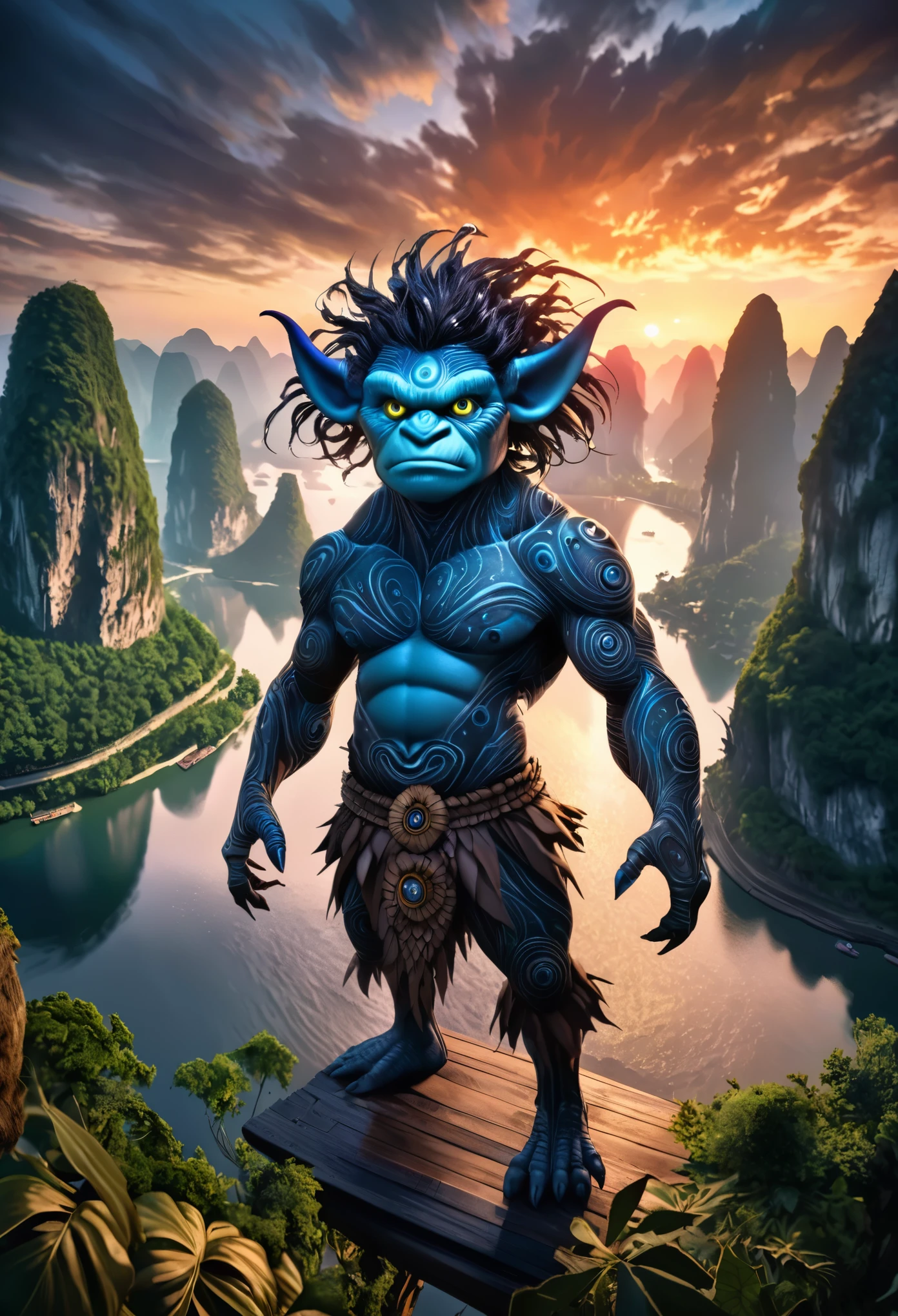view from height,full-body-shot,niobium The Alien Entity Moana, sassiness temper,natural skin textures, hyper realisitc, hyper detailed,Extremely detailed,High contrast, ,Realistic,Ultra Detailed,intricate details,realistic humid skin,extremely intricate,Epic Realistic, Romantic, cinematic style,irina yermolova, messy hair,luminous eyes,extremely detailed, [night landscape],masterpiece,intricate details,faded,eyes extremely detailed, high detailed eyes,32k resolution, Nikon Z9,orc's village of fishers on Li River in  National Forest Park,full body length,mother-of-bismuth TAUN WE from star wars,ominous landscape,flying islands on background in dangerous atmosphere,intricate details,realistic humid skin,extremely intricate details,anatomically correct,faded,eyes extremely detailed, high detailed eyes,UHD,Retina,HDR,natural skin textures, hyper realism, hyper detailed,High contrast,Realism,Ultra Detailed,irina yermolova,close full body shot, masterpiece,faded,32k resolution, Nikon Z9,sunset, a Tim Burton-inspired dreamscape