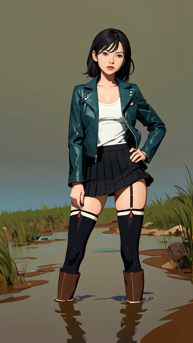 (Vector image:1.3) of (Simple illustration:1.3), woman in a leather jacket, skirt, over-knee sexy boots,  stockings with garters, drowning herself off in a quicksand bog, provocative, horny, standing, red, green, blue, black