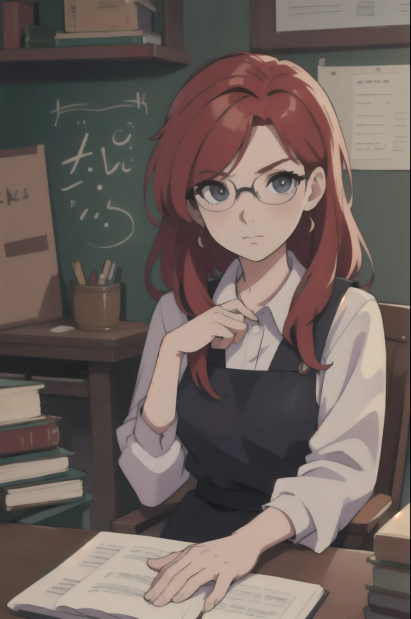 beautiful redhead professor sitting in her table, petulant looking, looking at the viewer, contemporary time, anime style, 8k