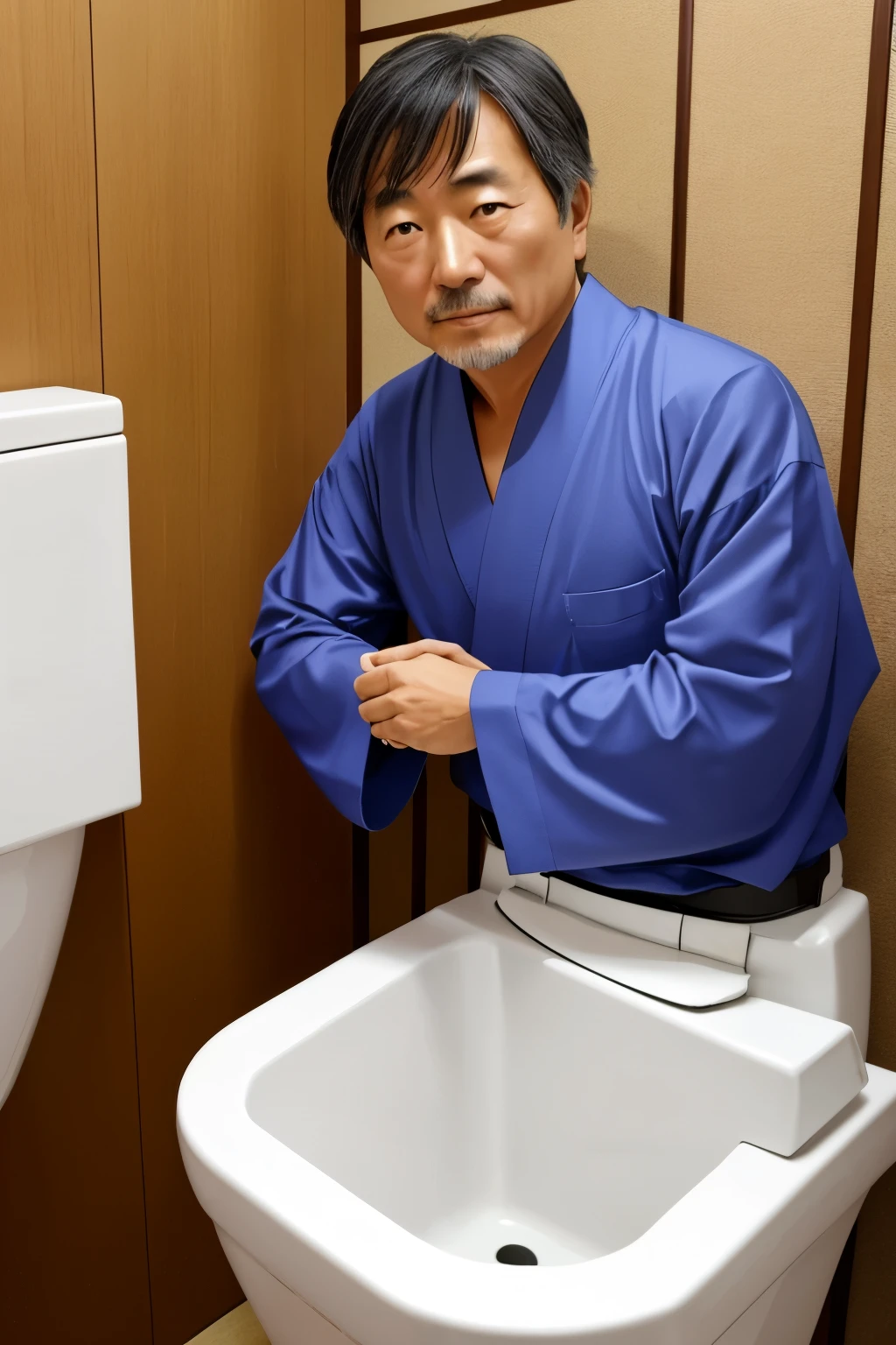 A middle-aged Japanese man who loves Japanese-style toilets