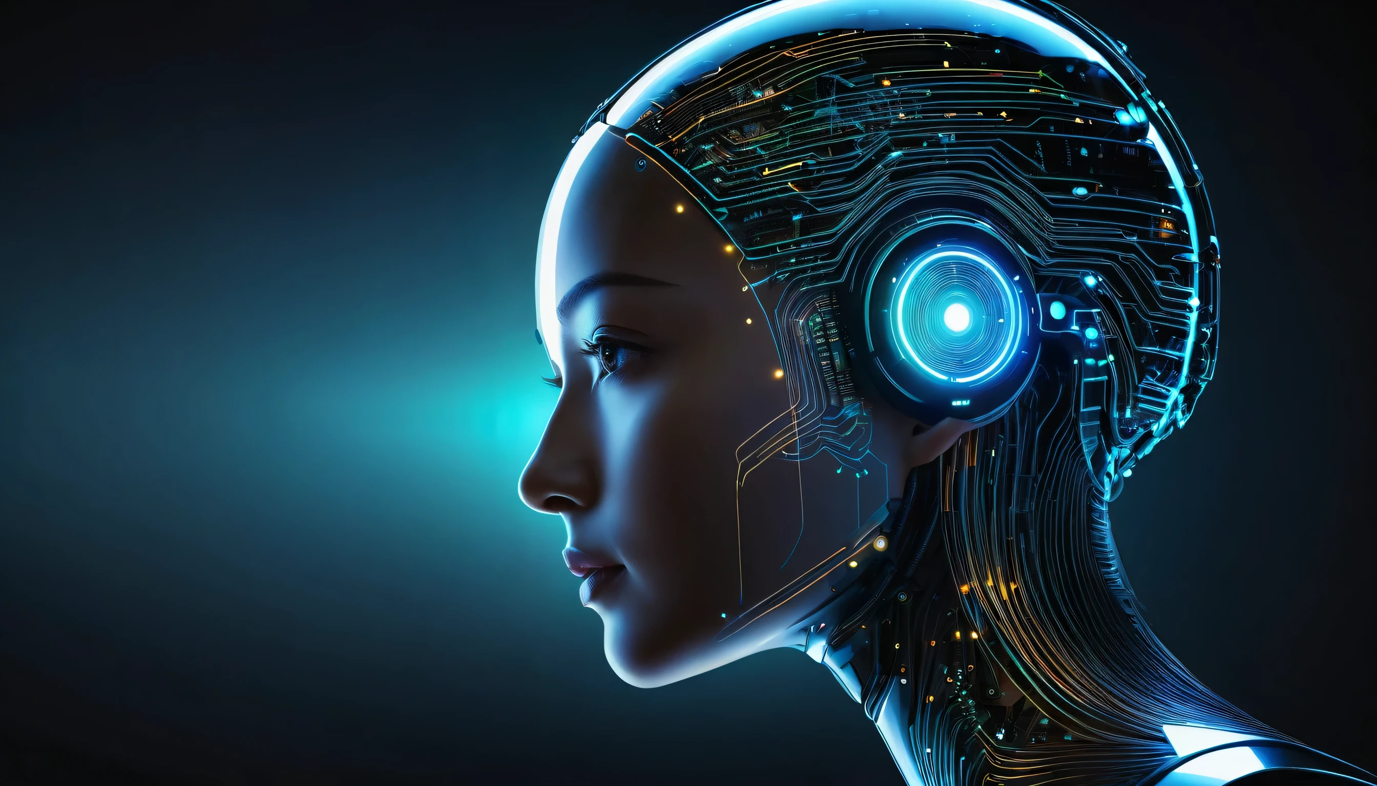 Side profile of a futuristic artificial intelligence computer head with glowing lines and data