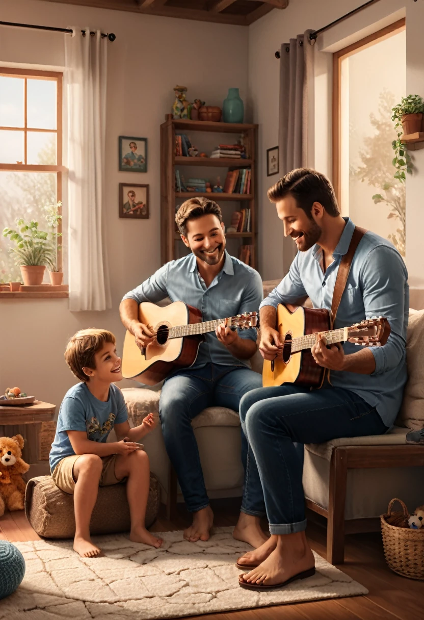 In a warm home, a father plays guitar while the children sit in a circle, listening to their father playing their favorite bedtime story song. This moment is full of family and happiness, (masterpiece, best quality, Professional, perfect composition, very aesthetic, absurdres, ultra-detailed, intricate details:1.3)