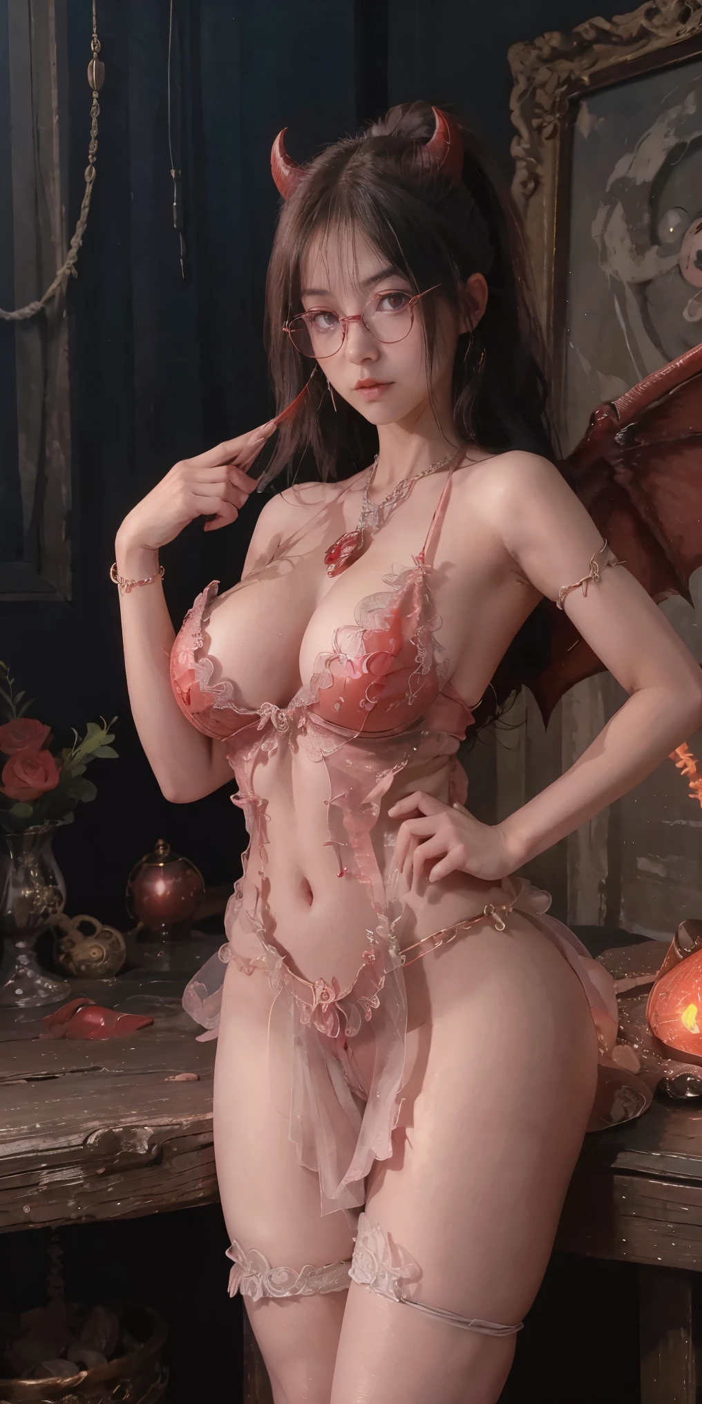 Fine、(The best illustrations)、8k UHD resolution、intricate-detail、top-quality、realisitic、ultra-detailliert、The best lighting、Best Shadows、Soft lighting、Ulutra HD、Dungeon and Dragon、caves、Dungeon、 A Necromancer、natta、Dark style、Succubus、Devil's Daughter、Bat Wings，(((Demon Hornlack-rimmed round glasses))))、(((Colossal tits)))、(Devil's Tail)、(red eyes glowing:1.6)、​masterpiece、beautiful countenance、Tindall Effect、photos realistic、(High Detail Skins:1.2)、8KUHD、Digital SLR、hightquality、a picture、hight resolution、 absurderes、Ponytail distortion、best ratio four finger and one thumb、1 girl、hair adornments、Red sparkling gemstone necklace、jewely、Beautiful expression、Body Up、Large breasts emphasis、Toned waist、Wide buttocks、Tindall Effect、Photorealsitic、(High Detail Skins:1.2)、pink nipple, pink pussy