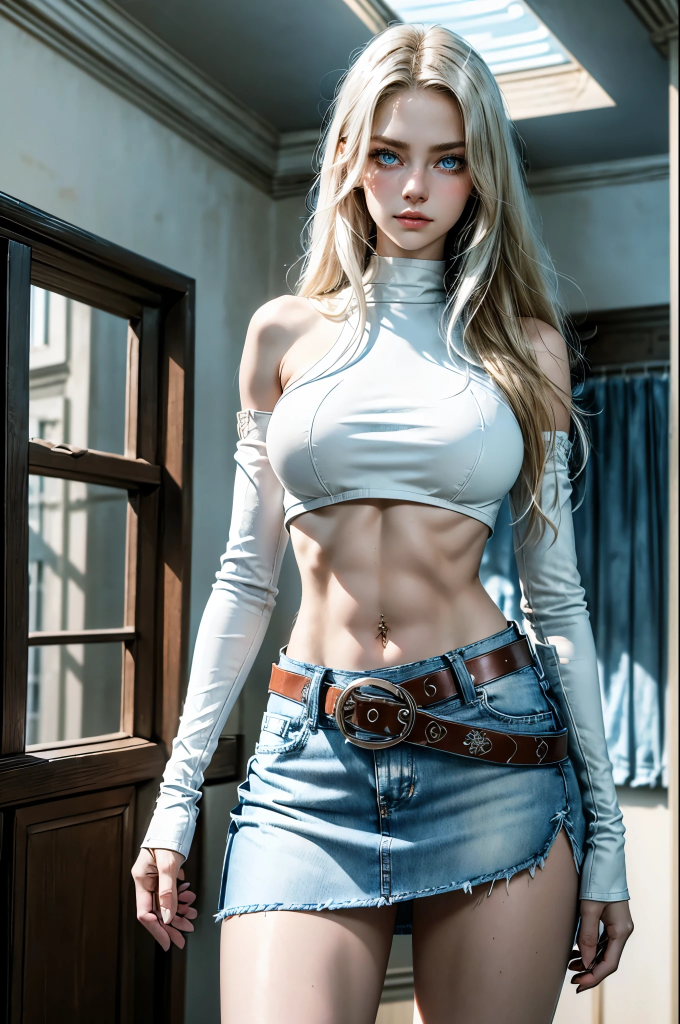(Detailed illustrations, Very detailed and detailed drawing, Delicate lines with slow and rapid, Realistic texture expression), One woman with wild long blond hair, innocent smile, (girls bedroom background), lore_Emma , blue eyes , dark eyeliner, gorgeous face , super cute, 18 years old , hyper detailed face, dark eyeliner, (super skinny figure , large breast, thin waist), slim legs, slim hips, sitting on a bed with legs spread, leather boots, white knee high socks, ((denim shorts)), (((white colored leather belt))), (white colored belt), (decorated belt), (white t-shirt), cleavage, ((white cotton arm sleeves)), collar, slightly bare midriff, tattoo, visible rock hard abs, ((navel piercing))