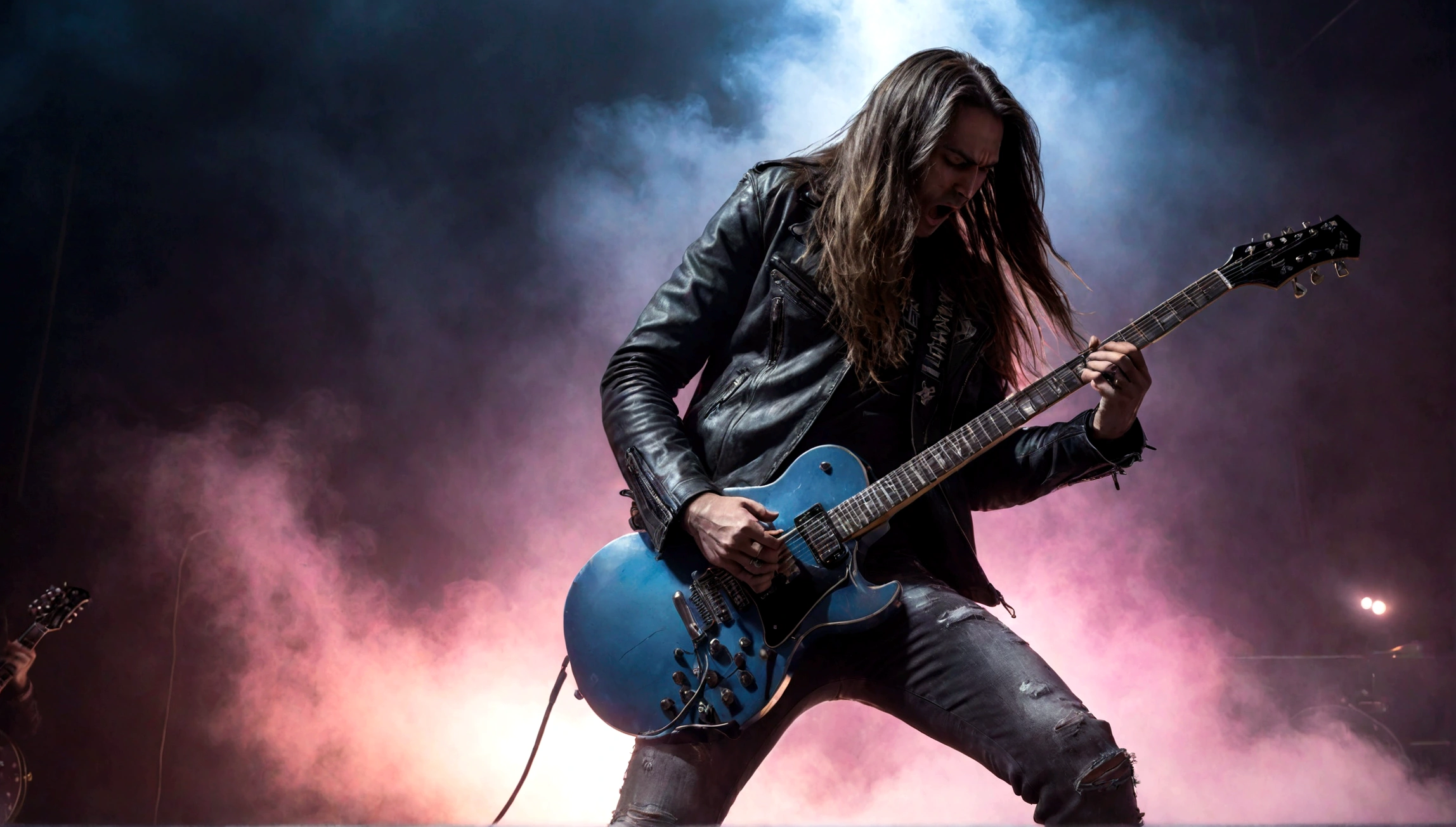 A rockstar guitarist performing on stage, electric guitar, long hair, ripped jeans, leather jacket, dramatic lighting, fog machine, smokey atmosphere, electric guitar shredding, intense facial expression, crowd cheering, neon signs, vibrant colors, pop art style, dynamic composition, hyperrealistic, 8k, high quality, photorealistic