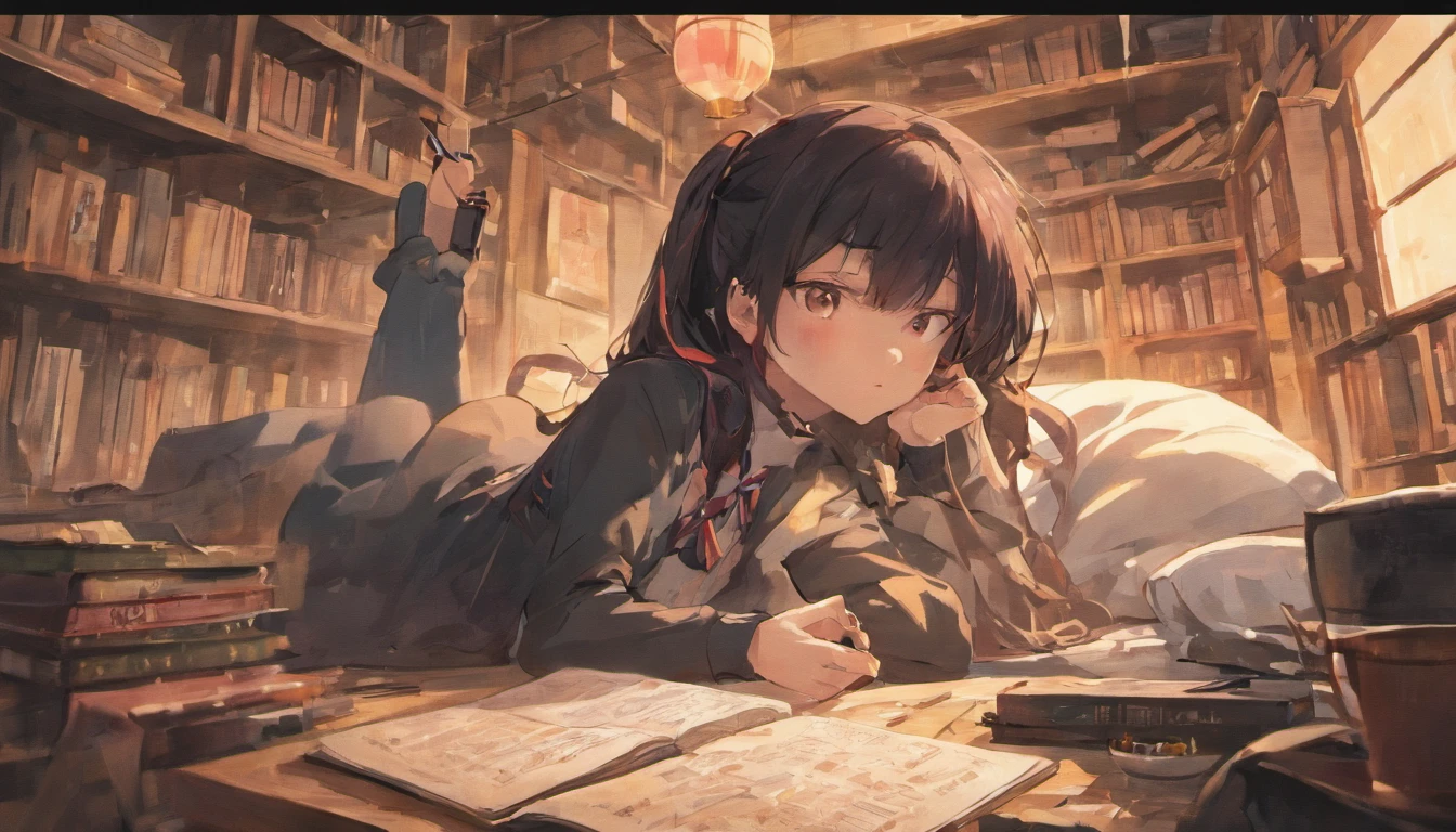 (A room with a messy desk and books. Lying in bed、Anime illustration of a black-haired girl sleeping with headphones on and her chin resting on them while listening to music、Dark Eyes、Japanese