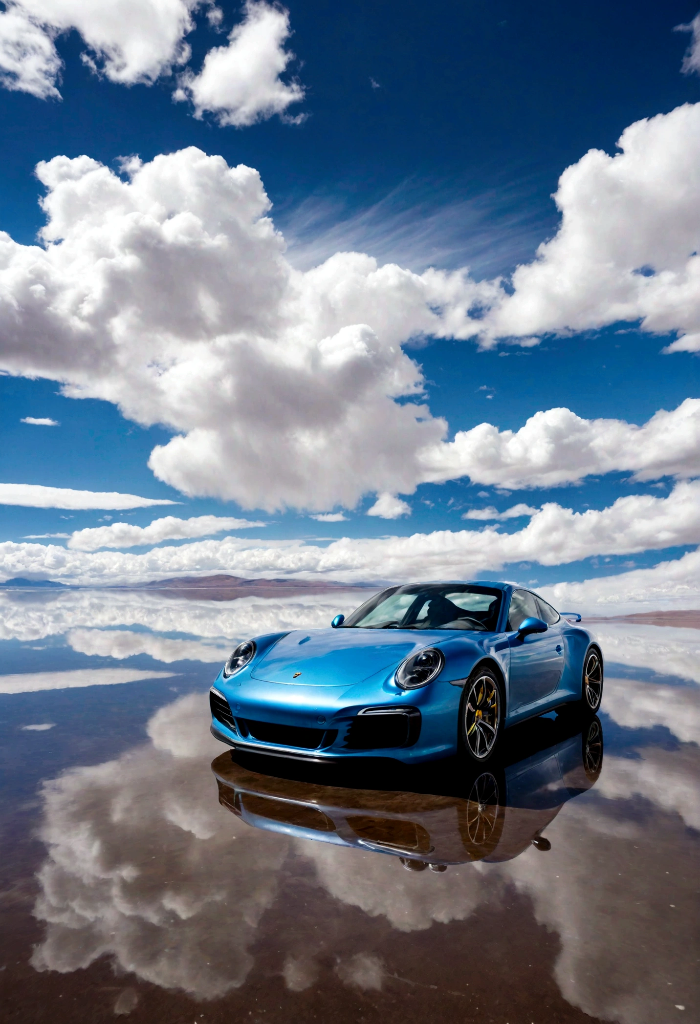 porsche 911 in a large body of water with clouds in the sky, At Salar de Uyuni, Amazing reflections of the sky, Incredible reflections, beautiful reflection, stunning photo, epic and stunning, Crossing the Blue Horizon
