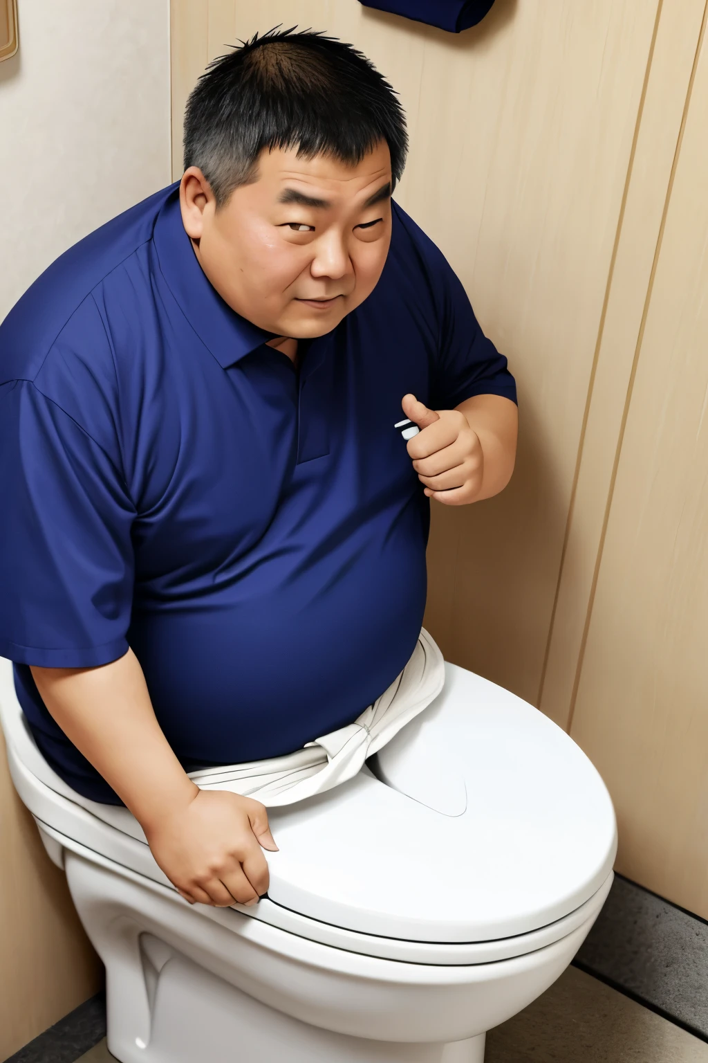 A fat middle-aged man squatting、Licking the penis of a suspicious middle-aged man、