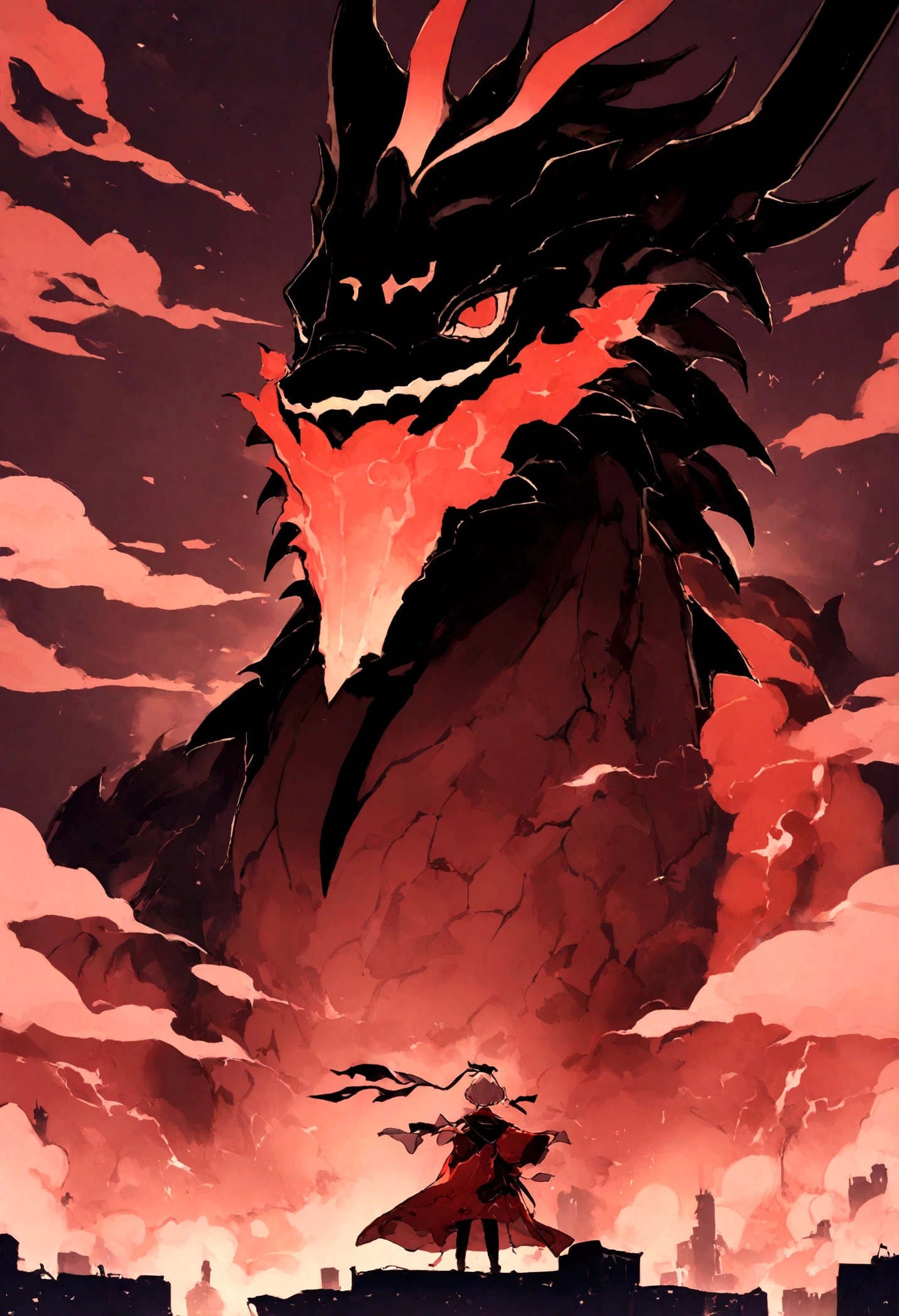 (A-red-themed,18k resolution,altamente detalhado,parte mestre:1.2),uma jovem vestindo um manto branco, segurando um grimorio brilhante vermelho ,poisonous substances in the air, with a faint ghostly silhouette of a black dragon hovering over its head.