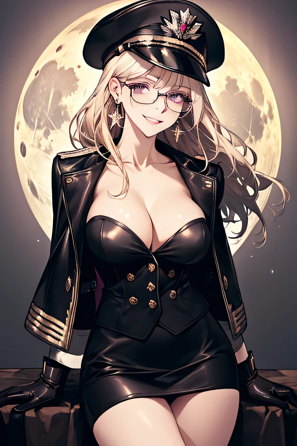 ( Detailed Description, High resolution,8k wallpaper,, masterpiece,best quality,Depth of Realm). A beautiful young woman、so beautiful、Anatomically accurate depiction,Platinum Blonde,Facial details、Glasses、Gold earrings in the ears(Provocative smile),(She is wearing a dark purple military cap.,Dark purple military jacket、Black Leather Gloves,Wearing a tight black leather skirt)、(Large )、Cleavagte hand drawing. The background is a collapsed building,night,full moon