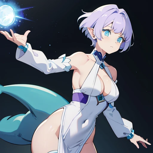 Alien, woman, with light purple skin, white hair, aqua blue eyes,          shark like tail, pointed ears, wearing a white goddess outfit.