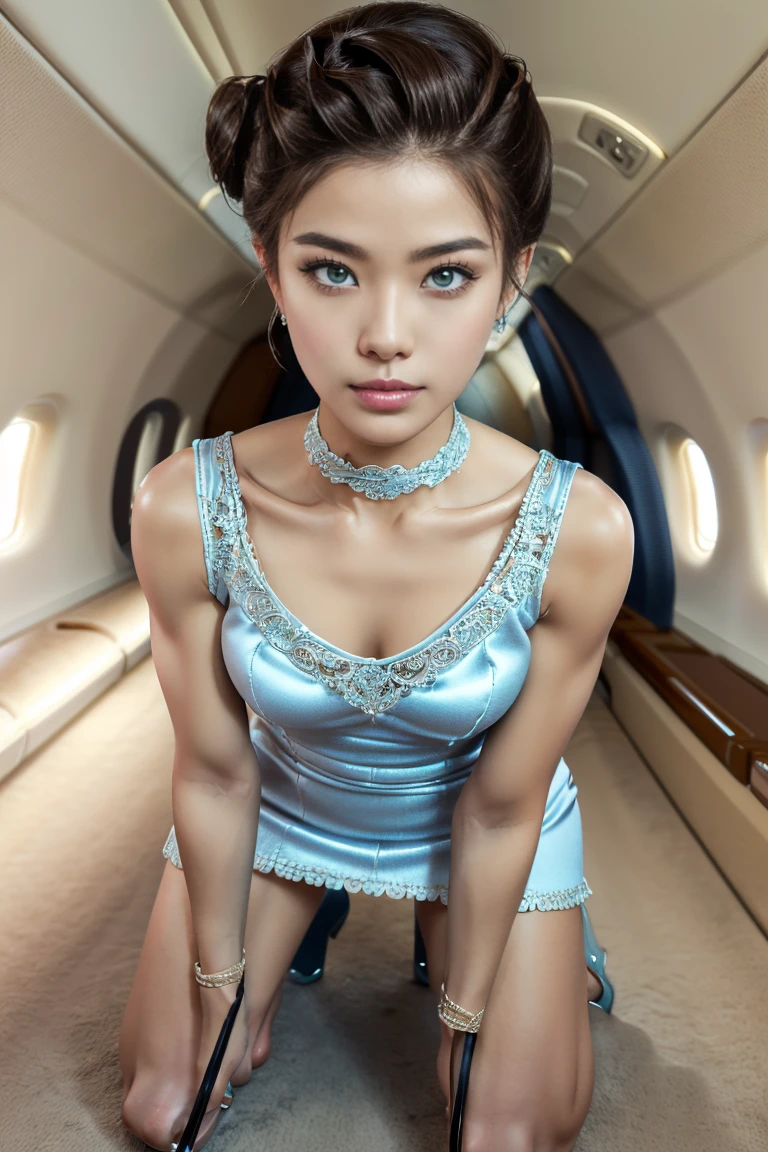 (ultra-detailed, best quality, 4k, highres, top quality, masterpiece:1.3), f/2.8, 50mm, Leica, stunning flight attendant, beautiful Korean woman, 25 years old, short and slender, (updo hairstyle, hair sticks:1.5), detailed eyes, detailed face, detailed lips, captivating, provocative, wearing (short ruched dress:1.5), (light blue:1.5), cute choker, cleavage, (opentoeNYX, high heels:1.5), radiant smile, (inside sleek private jet:1.5), (kneeling:1.4), POV, camera from above, sophisticated, professional appearance, elegance, ((intricate detail:1.5)), skin pore texture, photo, cinematic, full body, (realistic, photo-realistic:1.33), natural light, depth of field, film grain, sharp, detailed and realistic woman, ruffled lips soft natural light, detailed hands, detailed fingers, portrait photography, photorealism, super detailed, intimate portrait composition, dimly lit, rim lighting, (very slim, lean and muscular body:1.3), perfect fit body, perfect proportions, perfect anatomy, anatomically correct.