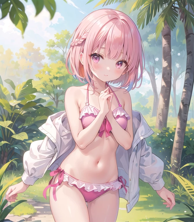 (masterpiece), highest quality, High resolution, Very detailed, One girl, blush, Grass,((Cute Bikini)),Are standing, Cowboy Shot, 12 years old、Elementary school girl、((Pink Hair、Straight bangs、Medium Short Hair、Braided Hair)),Cute Face, (Beautiful details), Very detailedな顔, Perfect lighting, Very detailedなCG, (Perfect hands, Perfect Anatomy), Sexy pose,