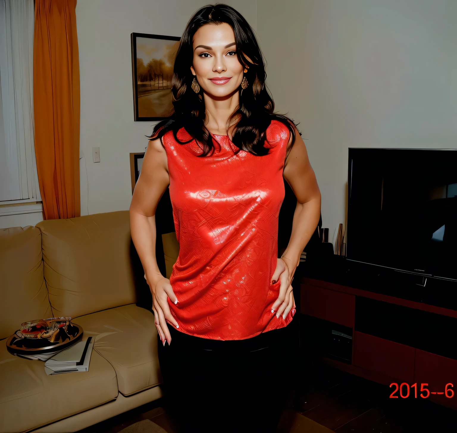 There is a 40-year-old woman standing in a room with a TV, a 40-year-old woman, with her hands on her hips and a smile on her face. She is wearing a red blouse and black pants. Behind her, a sofa and a television are visible. The living room has a warm and inviting atmosphere. The wall has two framed photos. She is wearing a red blouse and black pants. She is a beautiful woman, with white skin and dark brown hair. She is about 45 years old, 165 cm tall and weighs 56 kg. She has a perfect mouth, a perfect face. Her body exudes glamor and her face is a definition of beauty. Slender body, thin waist. Highly realistic, hyperrealism, very elaborate skin, perfect face. Clear photo, high resolution, high quality, masterpiece, 16K photo, high contrast, masterpiece, NUDE, NUDITY, NFSW.