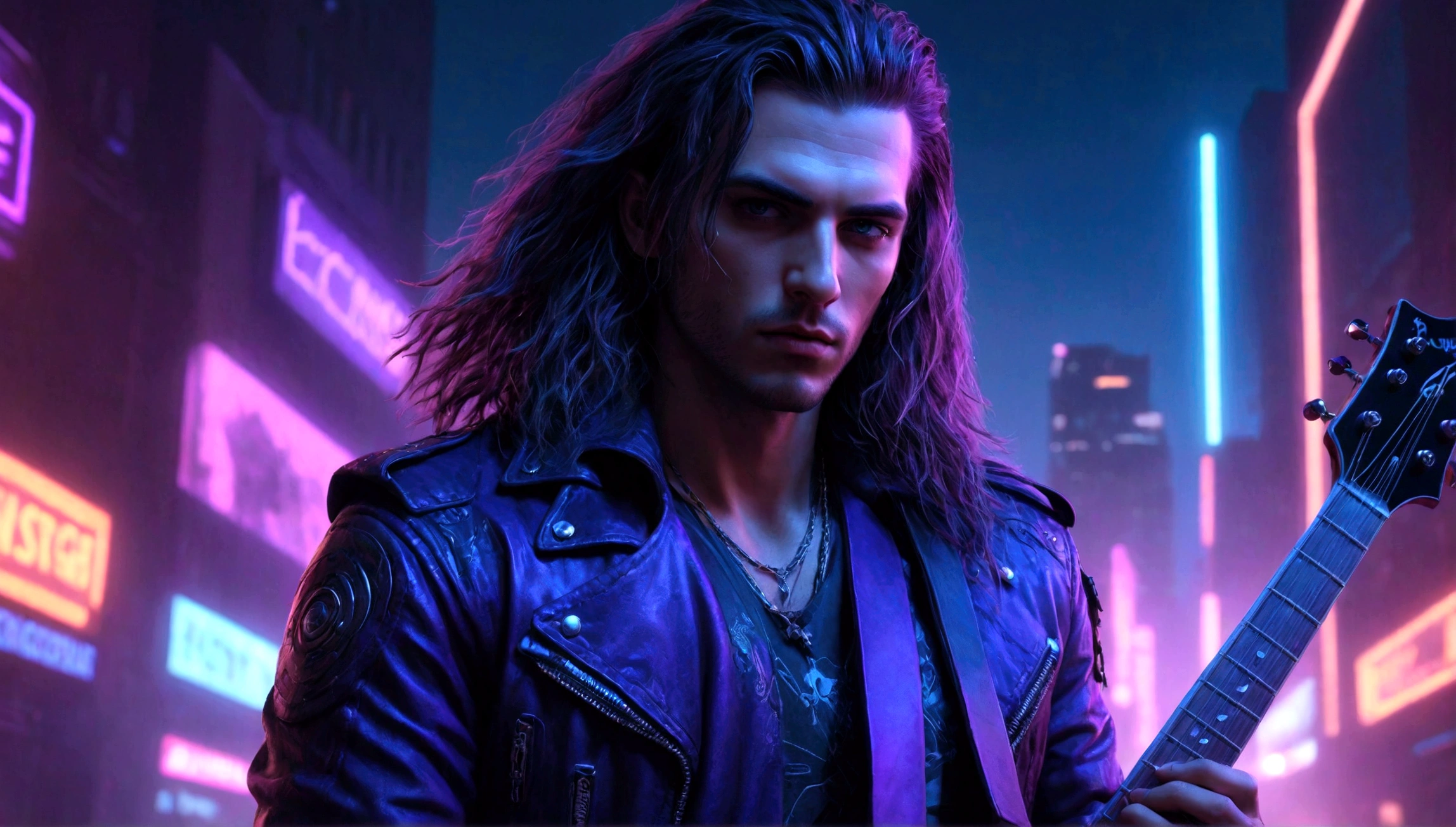 cyberpunk style rockstar guitarist, male, detailed facial features, beautiful detailed eyes, beautiful detailed lips, extremely detailed face, long hair, leather jacket, electric guitar, on stage, neon lights, sci-fi cityscape background, dramatic lighting, cinematic, moody colors, dark blue and purple tones, hyperrealistic, photorealistic, 8k, best quality, masterpiece