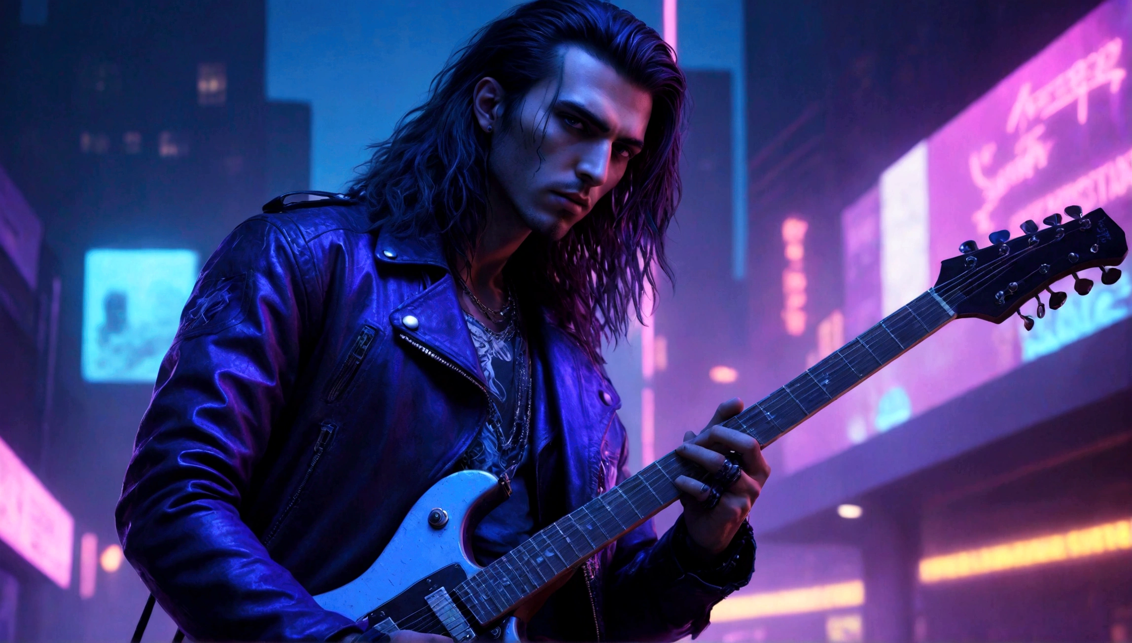 cyberpunk style rockstar guitarist, male, detailed facial features, beautiful detailed eyes, beautiful detailed lips, extremely detailed face, long hair, leather jacket, electric guitar, on stage, neon lights, sci-fi cityscape background, dramatic lighting, cinematic, moody colors, dark blue and purple tones, hyperrealistic, photorealistic, 8k, best quality, masterpiece