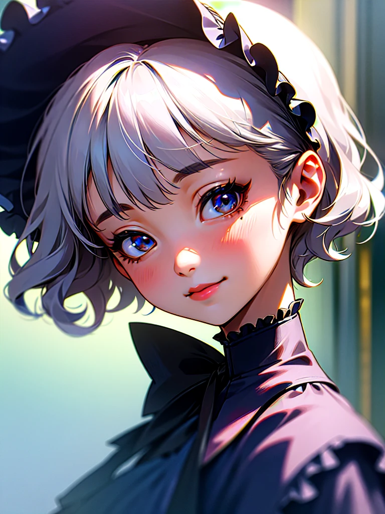 best quality, ultra high res, (photorealistic:1.4), (ulzzang-6500:0.2), 1girl, [:(detailed face:1.2):0.2], (no make-up:1.2), lady, ((Shiny skin)), (silver hair), bow, ((Black Lolita)), ((short hair)), (curly hair), looking at viewer, small hat, smile, round face,  depth of field, Paris street, ((low saturation)), 