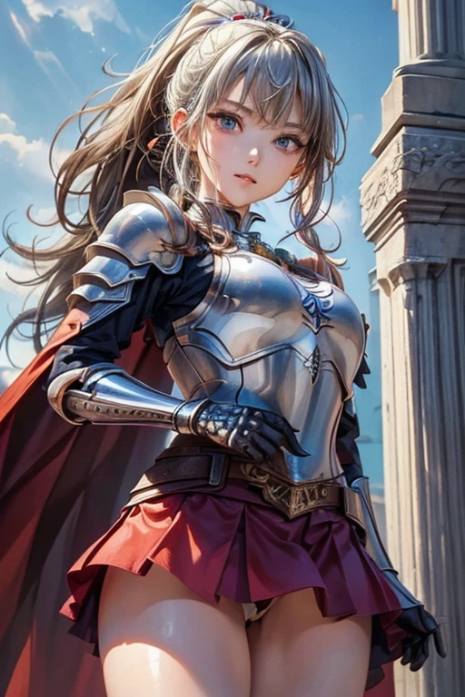 #Basics Girl posing for a photo, animeのかわいい女の子, (((One Girl, Baby Face, 16 years old))), 
BREAK 

#Clothing Accessories
(Silver Armor:1.4, Heavy Armor, Breastplate decorated with red gemstones, Gauntlet, White flared skirt, red cape, Combat Boots, sword, shield),  
BREAK 

#Features
(Silver Hair:1.4, Bangs that expose the forehead:1.4, (ponytail : Very long hair +Thick, curly hair + Black string ribbon)), 
(Droopy eyes,blue eyes), 
(Small breasts), 
BREAK 

#expression
(smug face, Grin), 

#background environment
((noon, Medieval fantasy temple)), 
#composition
(Turning your body to the viewer:1.4, from below:1.4, Cowboy Shot:1.4), 
BREAK 

#Body parts elements
(Beautiful Hair,Shiny Hair), 
(double eyelid, Long eyelashes), 
(Expression of fine eyes, Beautiful and delicate eyes, Sparkling eyes, Eye Reflexes), 
(Beautiful Nose, Thin Nose), 
(Glossy lips, Beautiful Lips, Thick lips), (Symmetrical facial features), 
(Detailed skin, Textured skin, Beautiful Skin), 
BREAK 

#Quality
(((highest quality)), ((masterpiece)), ((Very detailed))), 
((High resolution), (16k,1080p)), 
(Realistic), (Anatomically correct), 
((comics, anime)), (3DCG), CG illustration,
