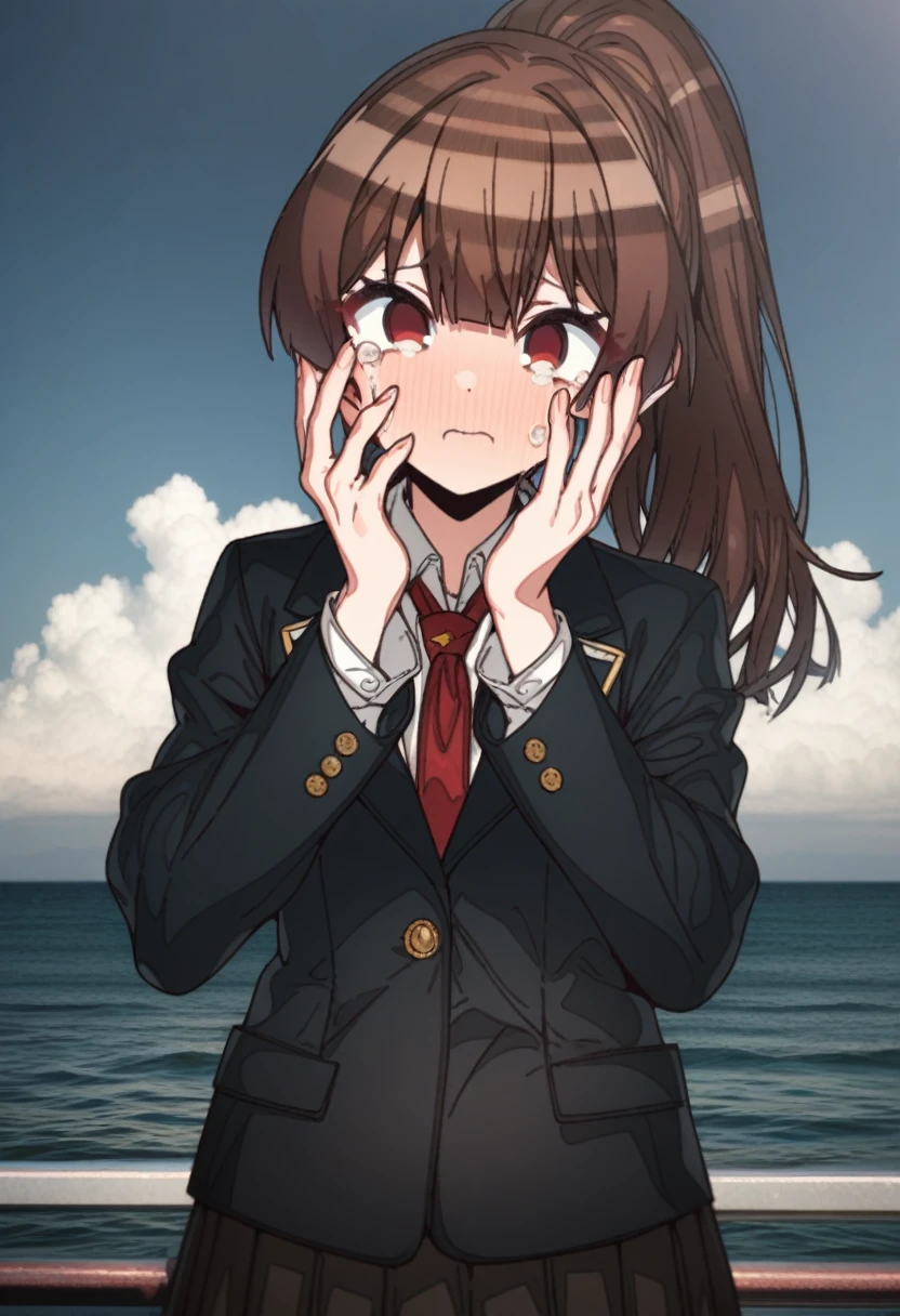 Houshou_marine with brown hair and hazel eyes, Artist, erere, Copyrights, idolmaster, idolmaster_shiny_colors, Character, General, 1girl, brown_hair, medium_breasts, breasts, long side_bangs, ponytail, detailed eyelashes, beautiful girl:1, hazel_eyes, censored, clouds, detailed background, school_uniform, black skirt, black blazer, black_sleeves, pleated skirt:1.2, blazer, red tie, medium shot photography:1.1, standing in middle:1.1, sea, sky:1.5, round_eyes, detailed, outdoors, looking_at_viewer, masterpiece, best_quality, great_quality, girl, solo, center_composition, centered character, cute, tears, crying, wide-eyed, empty_eyes, sad, hands_on_face