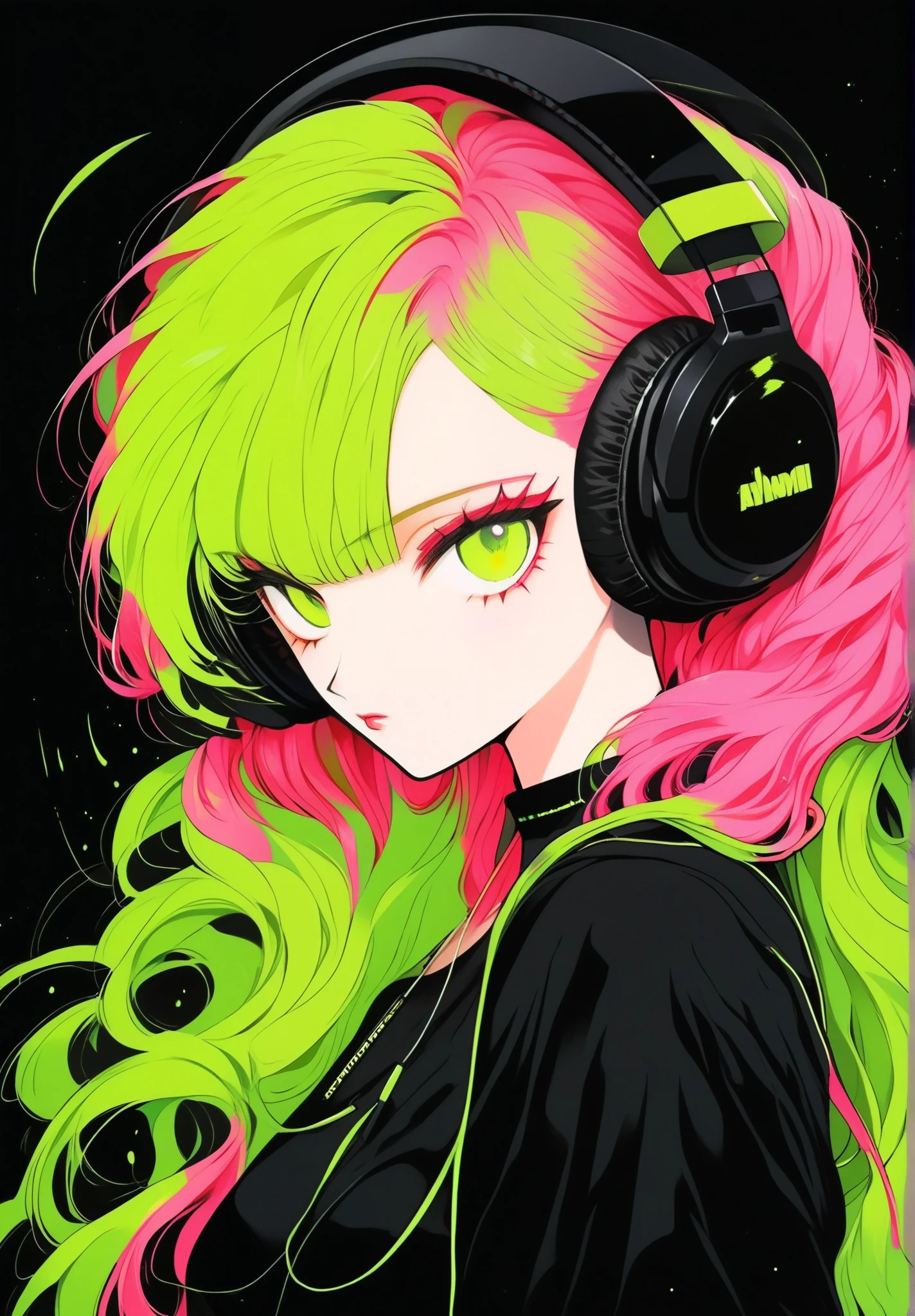 Young woman, Upper body, big head, Bright Pink Hair, acid green headphones, acid green horns, Black clothes, simple background
