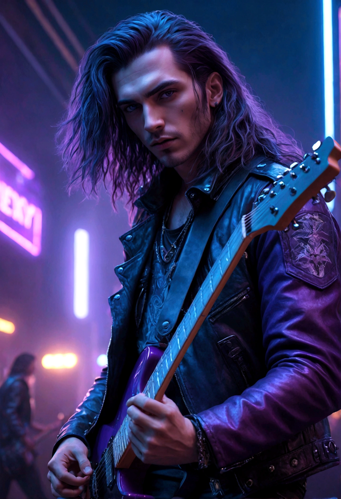 cyberpunk style rockstar guitarist, male, detailed facial features, beautiful detailed eyes, beautiful detailed lips, extremely detailed face, long hair, leather jacket, electric guitar, on stage, neon lights, sci-fi cityscape background, dramatic lighting, cinematic, moody colors, dark blue and purple tones, hyperrealistic, photorealistic, 8k, best quality, masterpiece