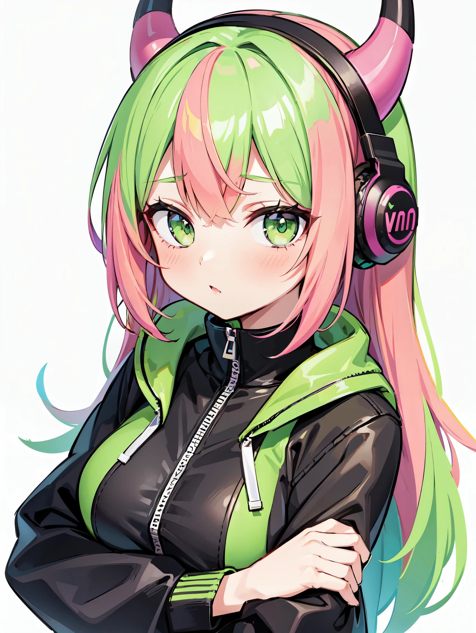 Young woman, Upper body, big head, Bright Pink Hair, acid green headphones, acid green horns, Black clothes, simple background
